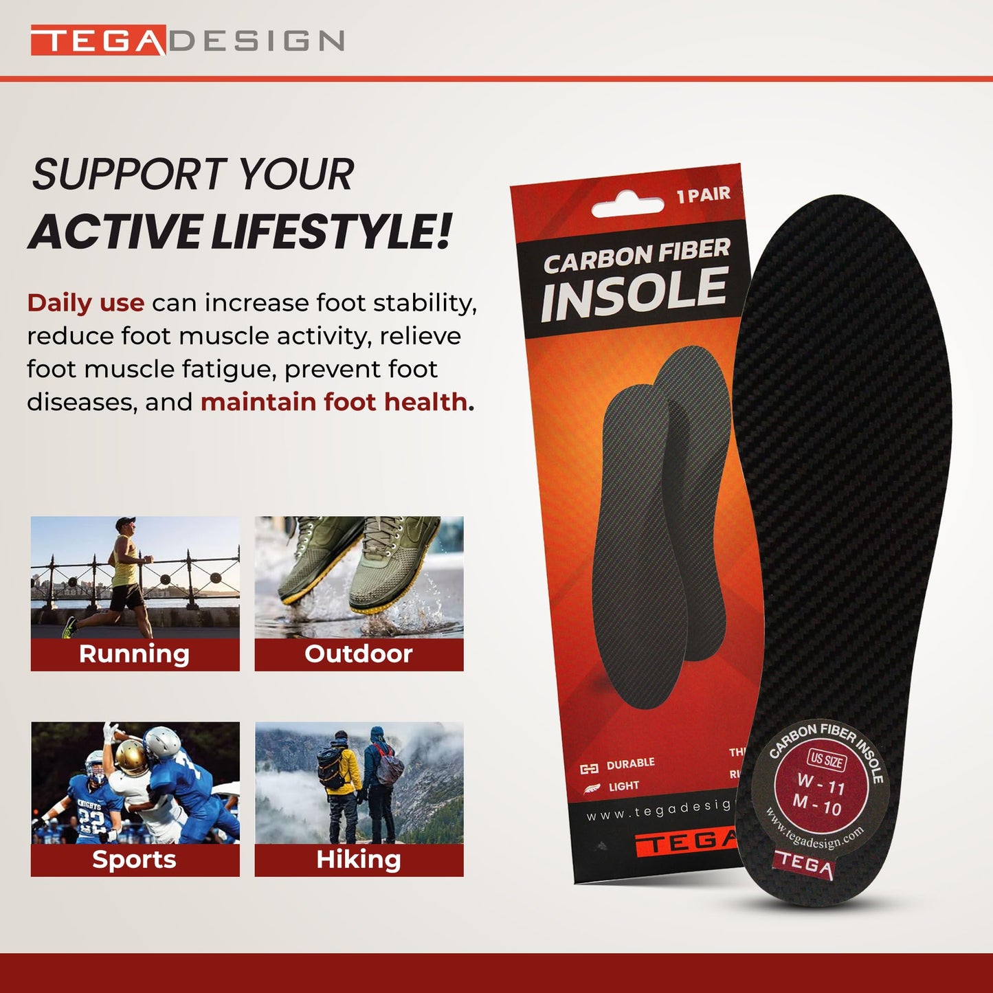 TEGA Carbon Fiber Insole (1 Pair) - for Turf Toe, Foot Fractures, Hallux Rigidus and Limitus - Rigid Shoe Insert for Sports, Hiking, Trekking, Basketball, Running - Alternative to Post Op Shoe (260mm)