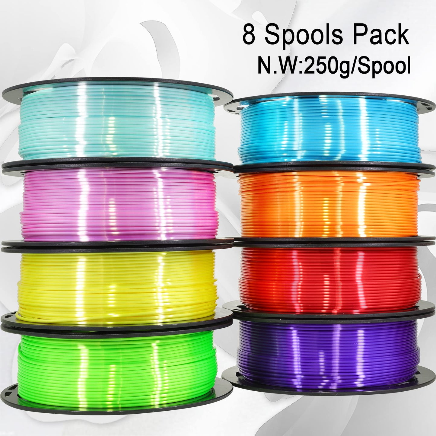 1.75mm Silk Shiny PLA 3D Printer Filament 8 Bright Colors Bundle: Silk Yellow/Lime Green/Orange/Sky Blue/Pink/Cyan/Red/Purple, Each Spool 250g, Total 2Kg 3D Printing Material, 250g x 8 Spools