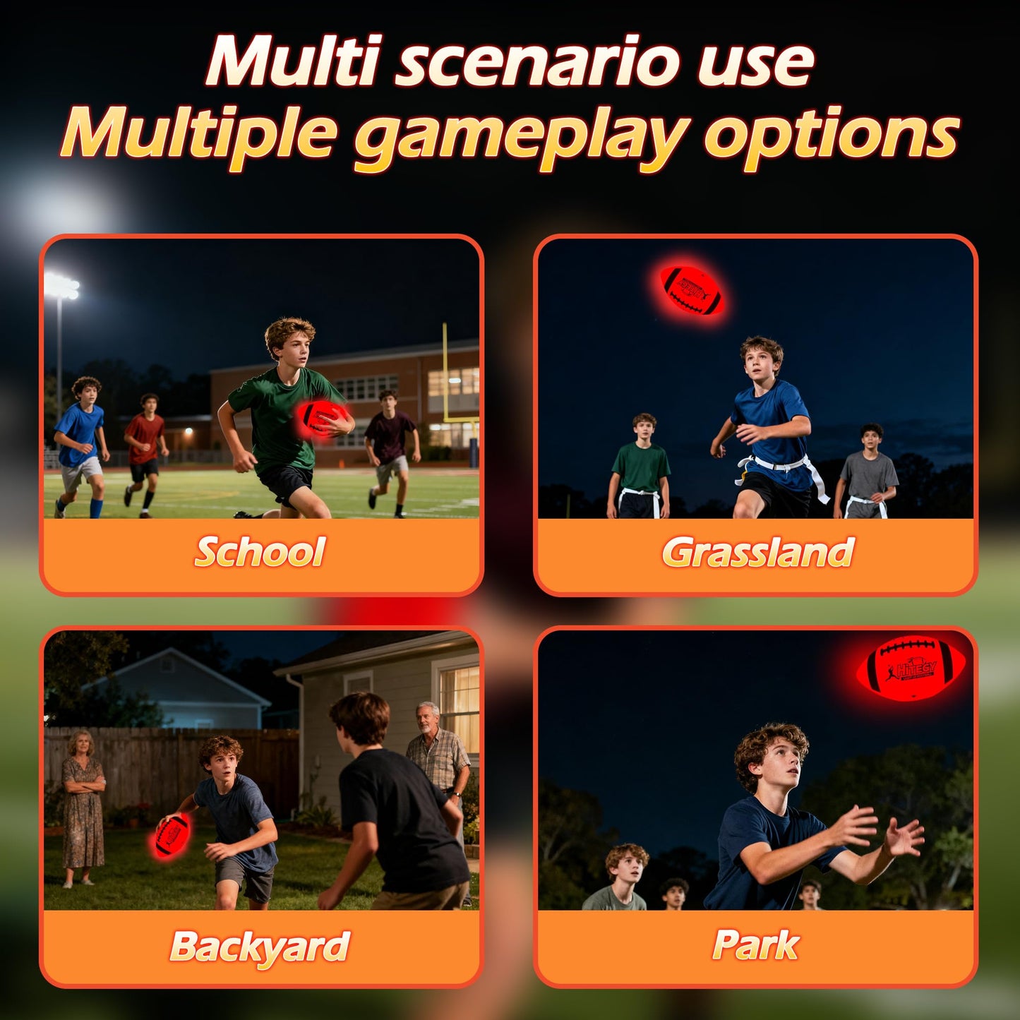 HITEGY Rechargeable Glow in The Dark Football - USB Charging, Official Size 6, Light Up with Every Catch and Throw, Includes Pump, Ball Bag & Charging Cable - Rechargeable Light Up Football - Orange