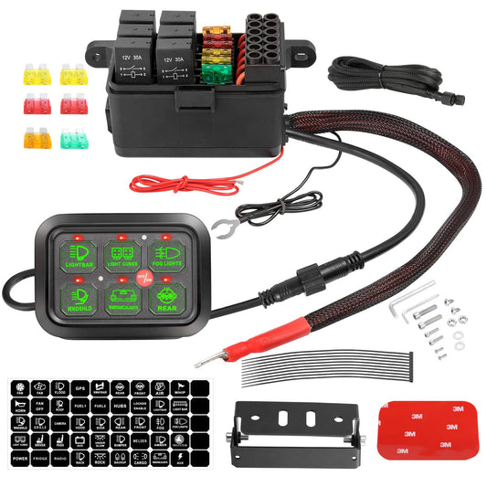 6 Gang Switch Panel, Auto Power Plus Automatic Dimmable Switch Pod Panel Circuit Control Box Relay System Universal Touch Switch Box with Harness Label Sticker for Car Marine Boat ATV UTV Truck