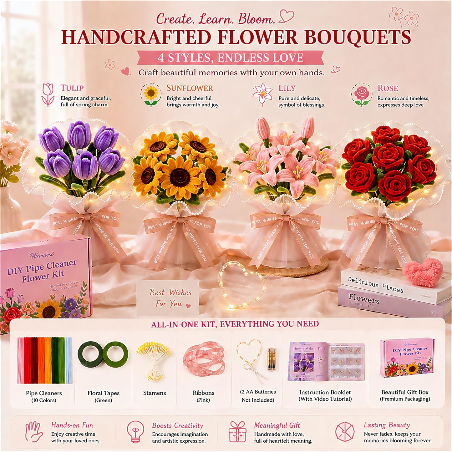 Wsomeso 600 PCS Rainbow Pipe Cleaners Flower Kit with Fairy Lights, Chenille Stems for Pipe Cleaners Craft, Tutorial Book & Video, Pastel Pipe Cleaners Bulk DIY Craft for Adults & Kids Gift