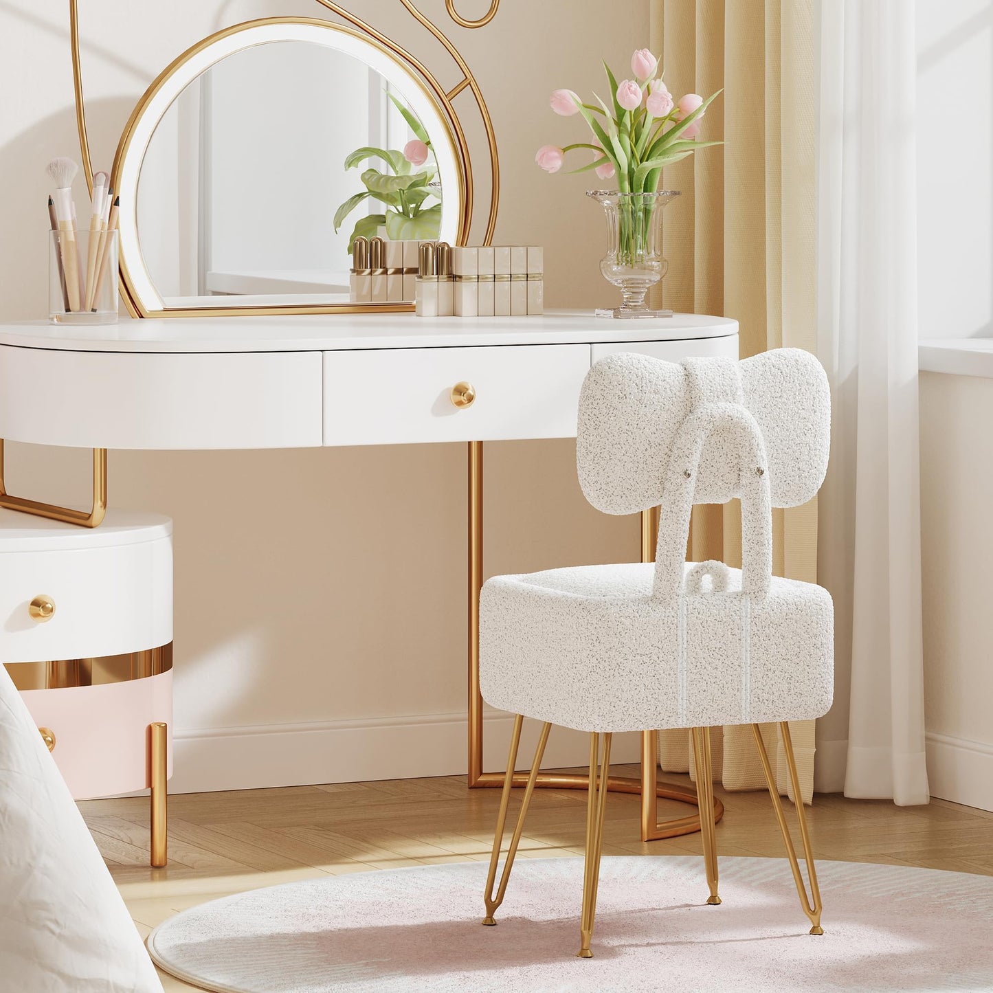 GLANZALANT Small Vanity Chair with Storage and Folding Back, 14.2" D x 12.6" W x 28.3" H Soft Storage Ottoman, Footrest Stool, Teddy Fleece Vanity Stool for Makeup, Bedroom, Living Room, White