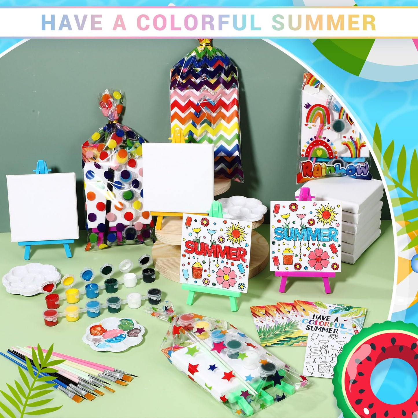 AmazingSpark 12 Set Mini Summer Party Watercolor Paint Set Mini Canvas Acrylic Painting Kit with Cards, Plastic Easel, Canvases, Paint Kit Art Party Favors Classroom Prize School Year Gifts