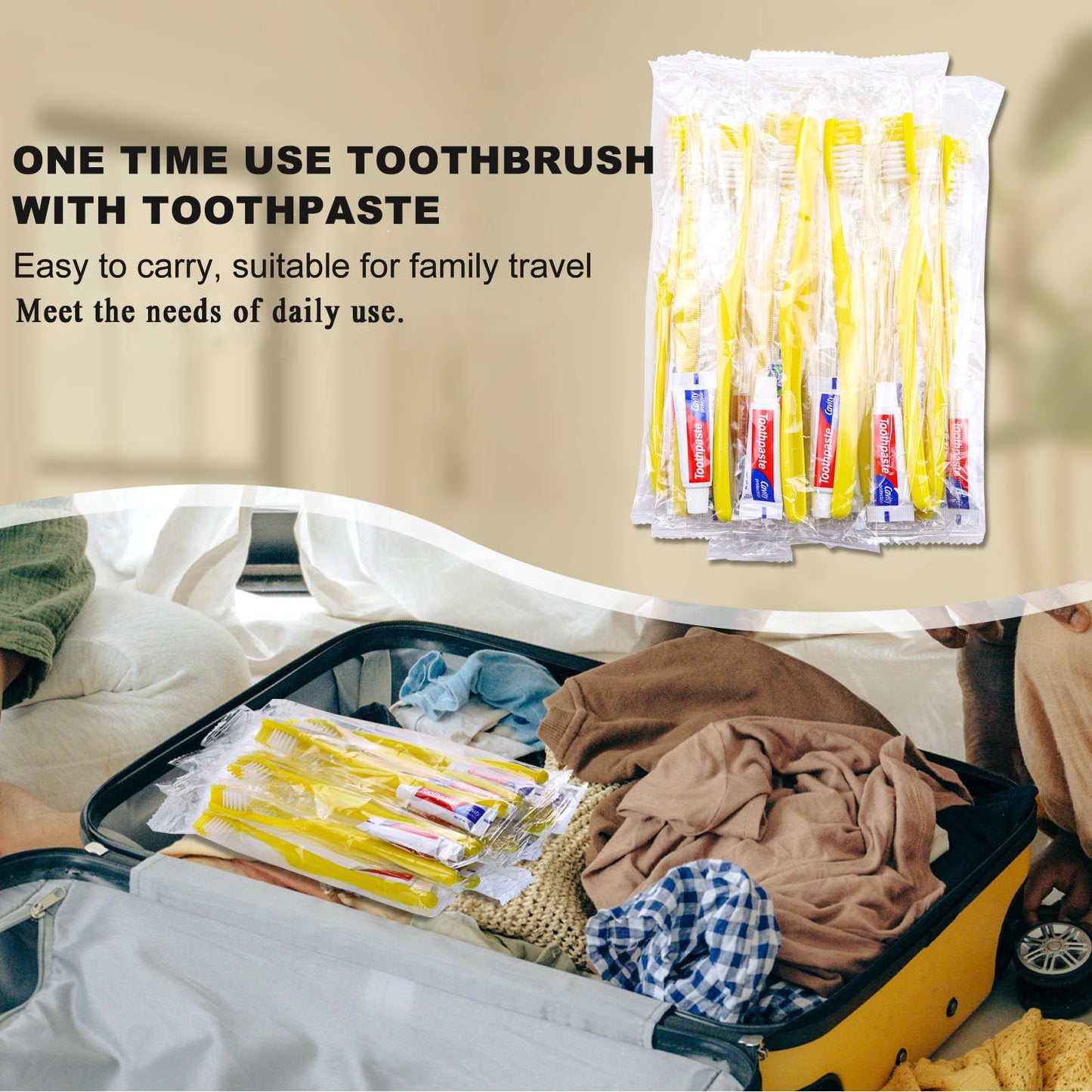 Xuezoioy Disposable Toothbrushes with Toothpaste,300 Pack Yellow Hollow Individually Wrapped Disposable Travel Toothbrushes Kit in Bulk for Homeless,Nursing Home,Hotel,Charity