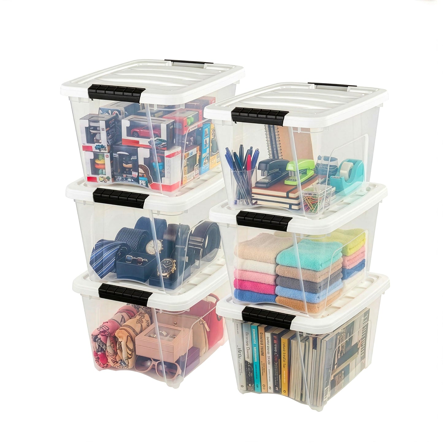 IRIS USA 19 Qt Stackable Plastic Storage Bins with Lids, 6 Pack - BPA-Free, Made in USA - See-Through Organizing Solution, Latches, Durable Nestable Containers, Secure Pull Handle - Clear/White