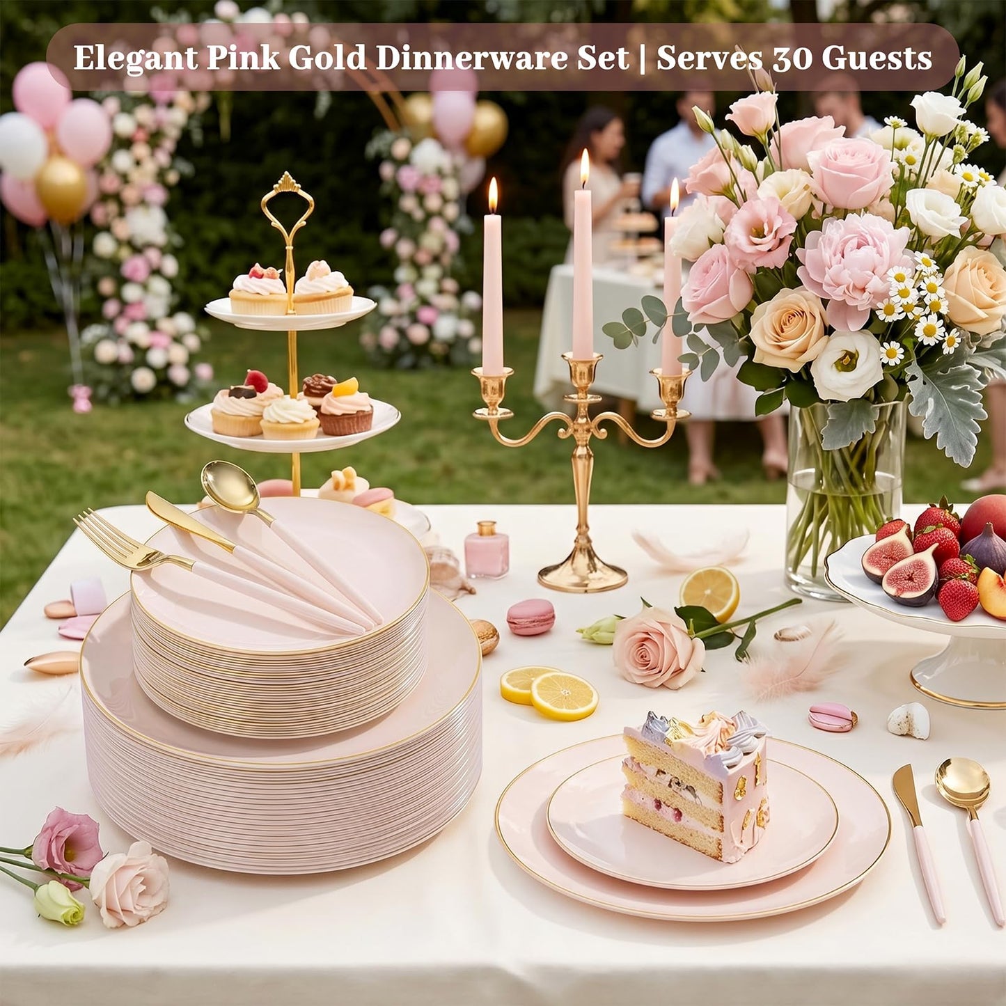 DaYammi 150Pcs Pink Plastic Plates with Gold Rim,Elegant Disposable Dinnerware with Gold Cutlery - 30 Dinner Plate,30 Dessert Plate,30 Knives,30 Forks,30 Spoons,Fancy Pink Plates for Party Wedding