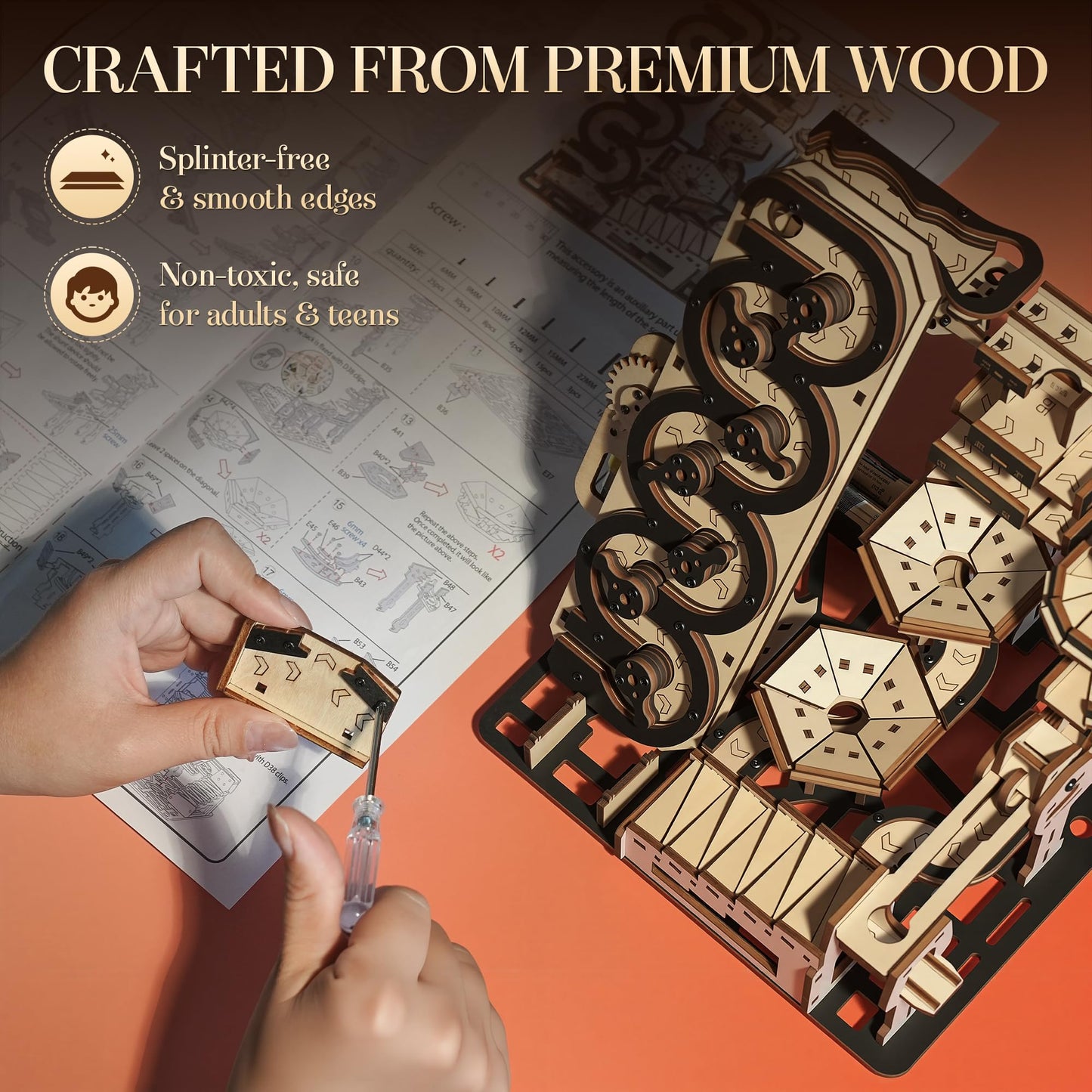 WDPINTU Electric 3D Wooden Kinetic Art - Automated Rolling Ball Maze Building Kit for Adults & Teens. DIY Mechanical Puzzle, STEM Project, Zen Home Office Decor & Brain Teaser Gift