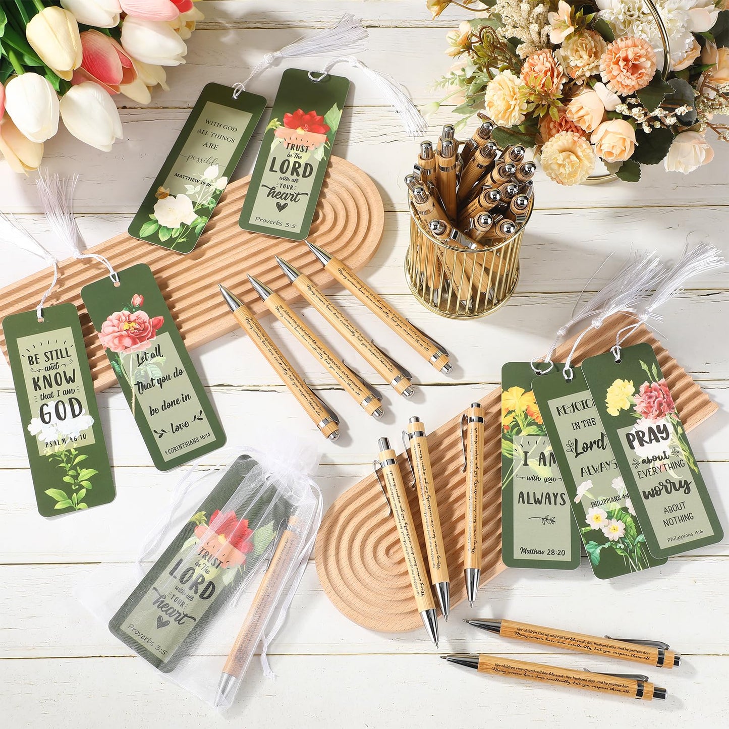 Spakon 100 Sets Mother's Day Church Gifts Bible Verse Bookmarks Inspirational Bamboo Pens Gift Bags Mom Christian Gifts Bulk Religious Mothers Day Party Favors