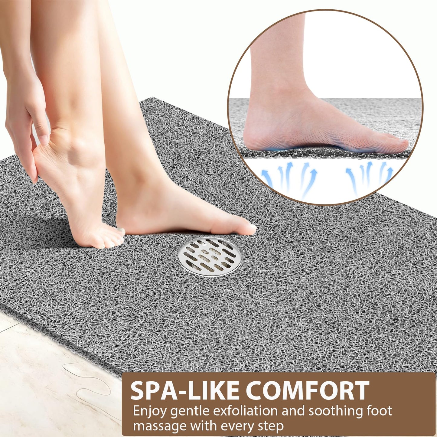 Extra Large Non Slip Shower Mat: 47.2x31.5 inch Loofah Shower Mat for Inside Shower with Drain Hole in Middle, Soft PVC Anti-Slip Shower Stall Mats for Bathroom,Wet Area, Quick Drying