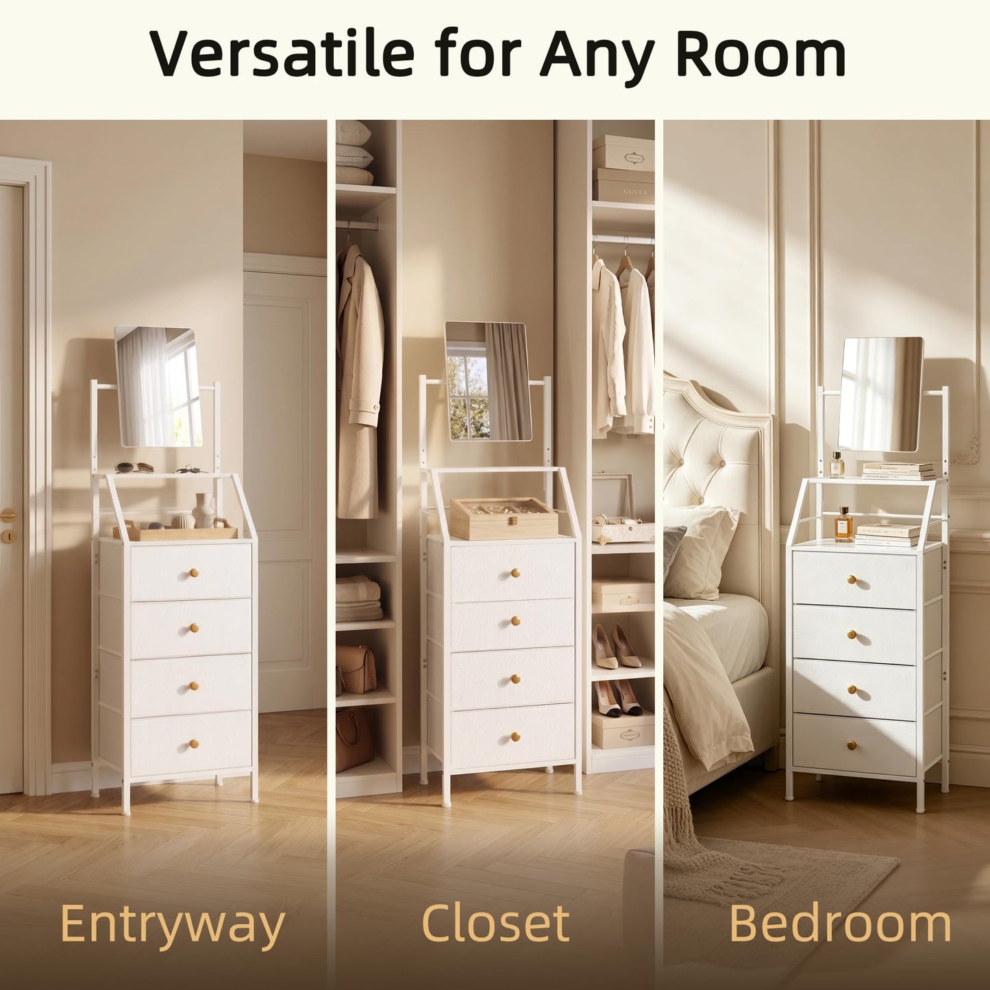 HIGDBFE 4-Drawer Dresser with Mirror, Vanity with 2-Tier Shelves, Fabric Chest of Drawers for Small Space, Vertical Storage Cabinet for Bedroom, Nightstand Bedside Table Furniture, White, 15.3" W