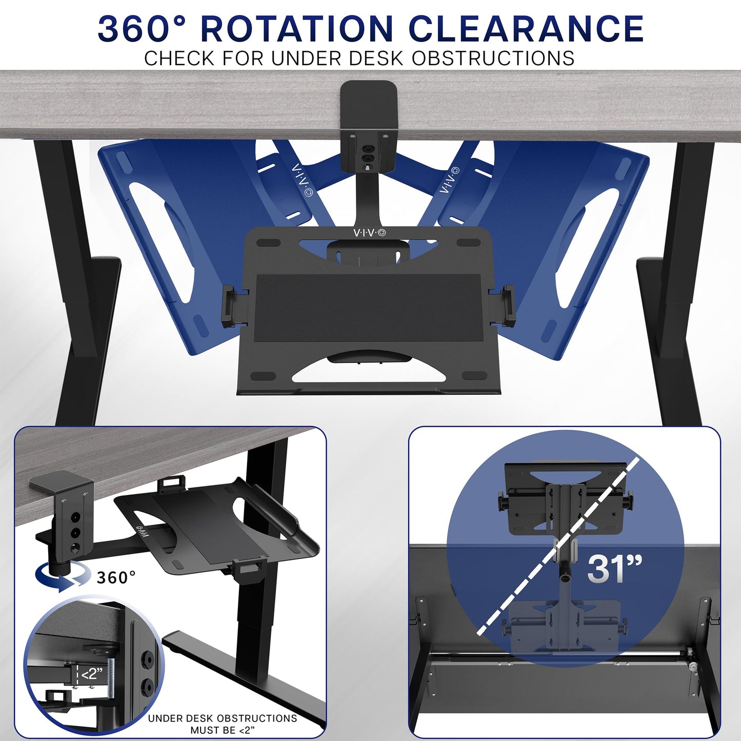 VIVO Clamp-on 12 x 9 inch Rotating Laptop Tray, Extra Sturdy Single Desk Swivel Clamp, Ergonomic Typing, Black, MOUNT-LAP1CB