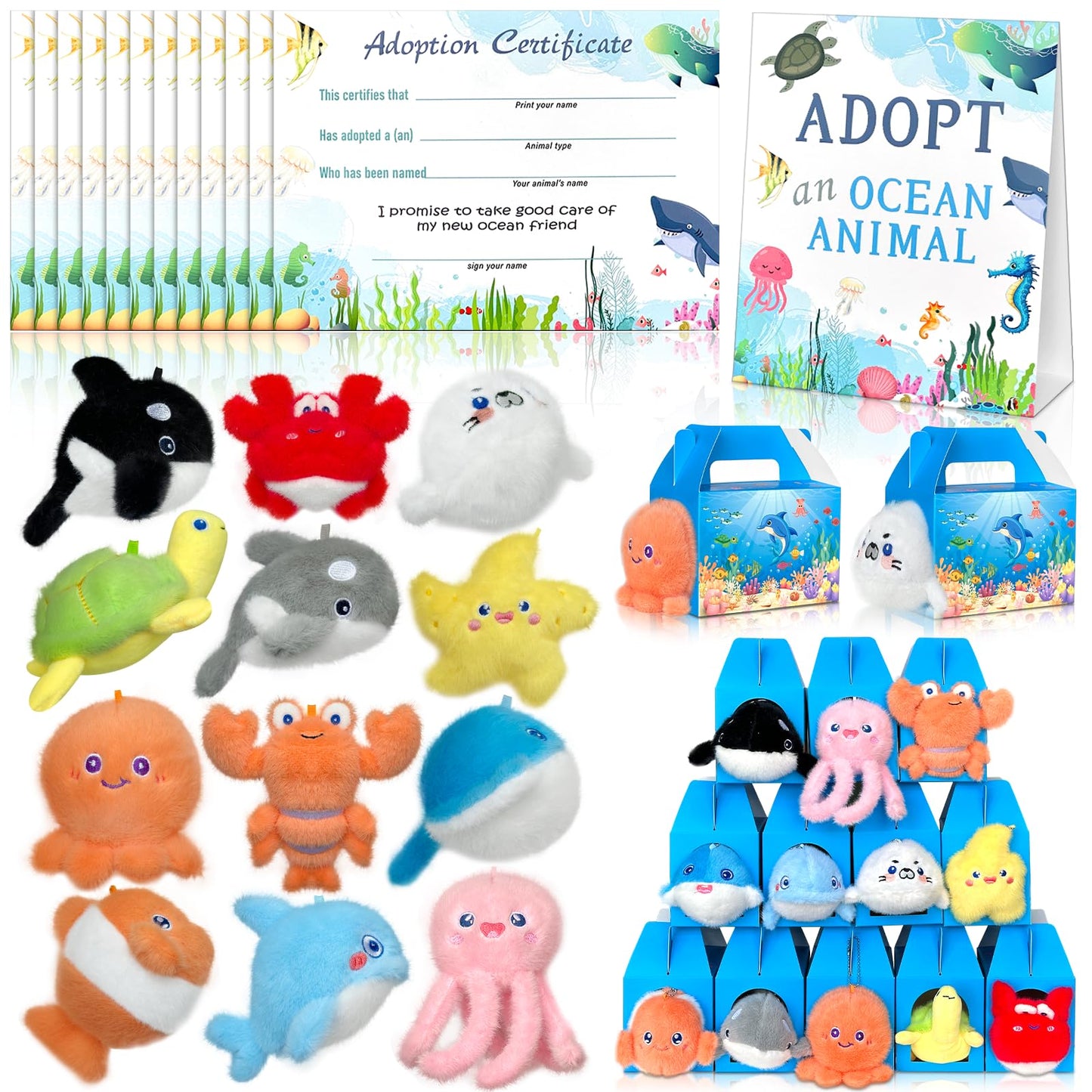 38 Pcs Adopt-A-Sea Animal Party Favors Include 12 Mini Plush Marine Animals Keychains 12 Sea Animals Party Boxes 12 Adoption Cards 1 Adopt Signboard for Animal Theme Party Birthday Party School Prizes