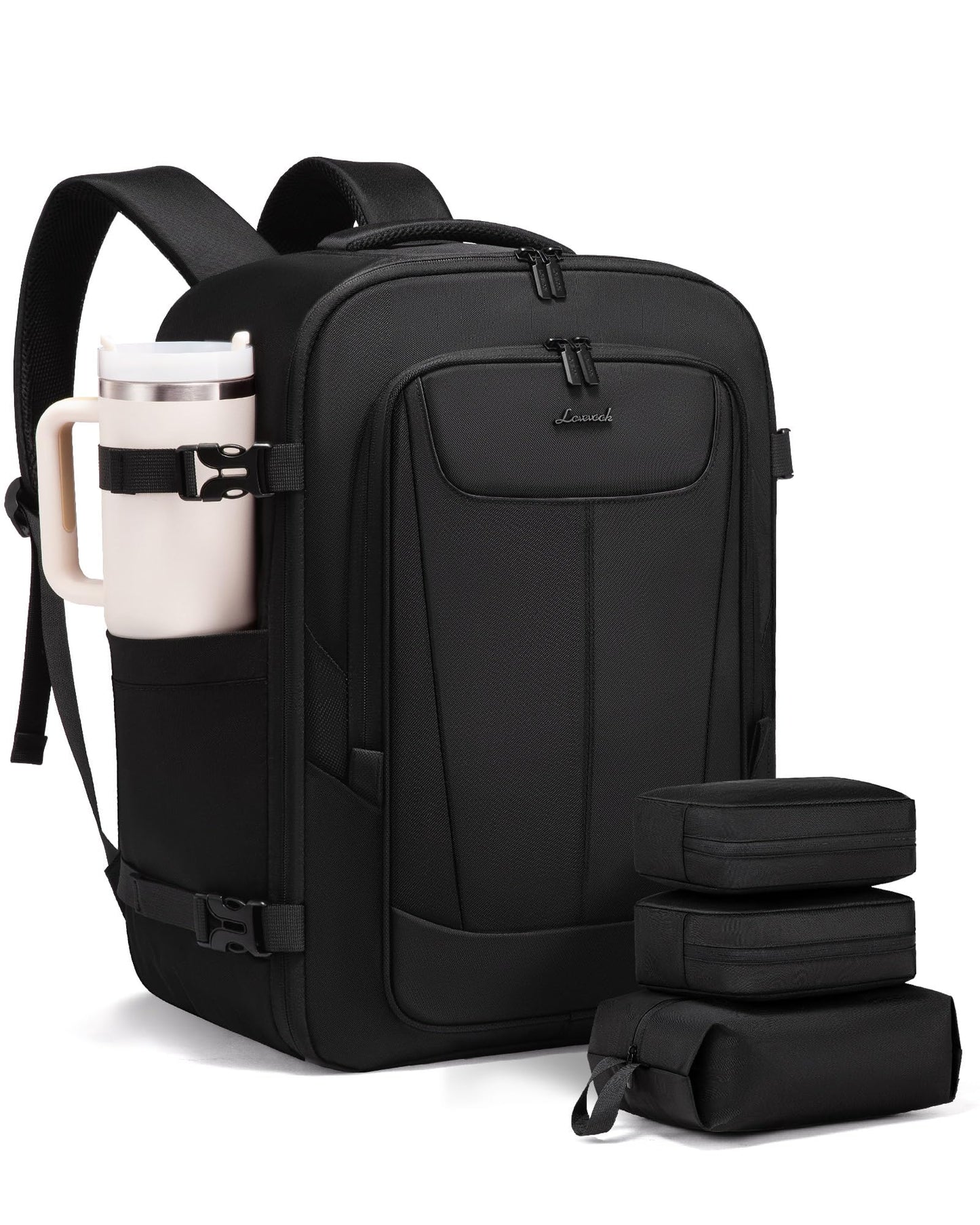 LOVEVOOK Travel Backpack for Men Women, 40L Carry on Backpack Flight Approved with 3 Packing Cubes, Extra Large Personal Item Bag Fits 17.3 inch Laptop for Airplanes, Water Resistant Daypack, Black