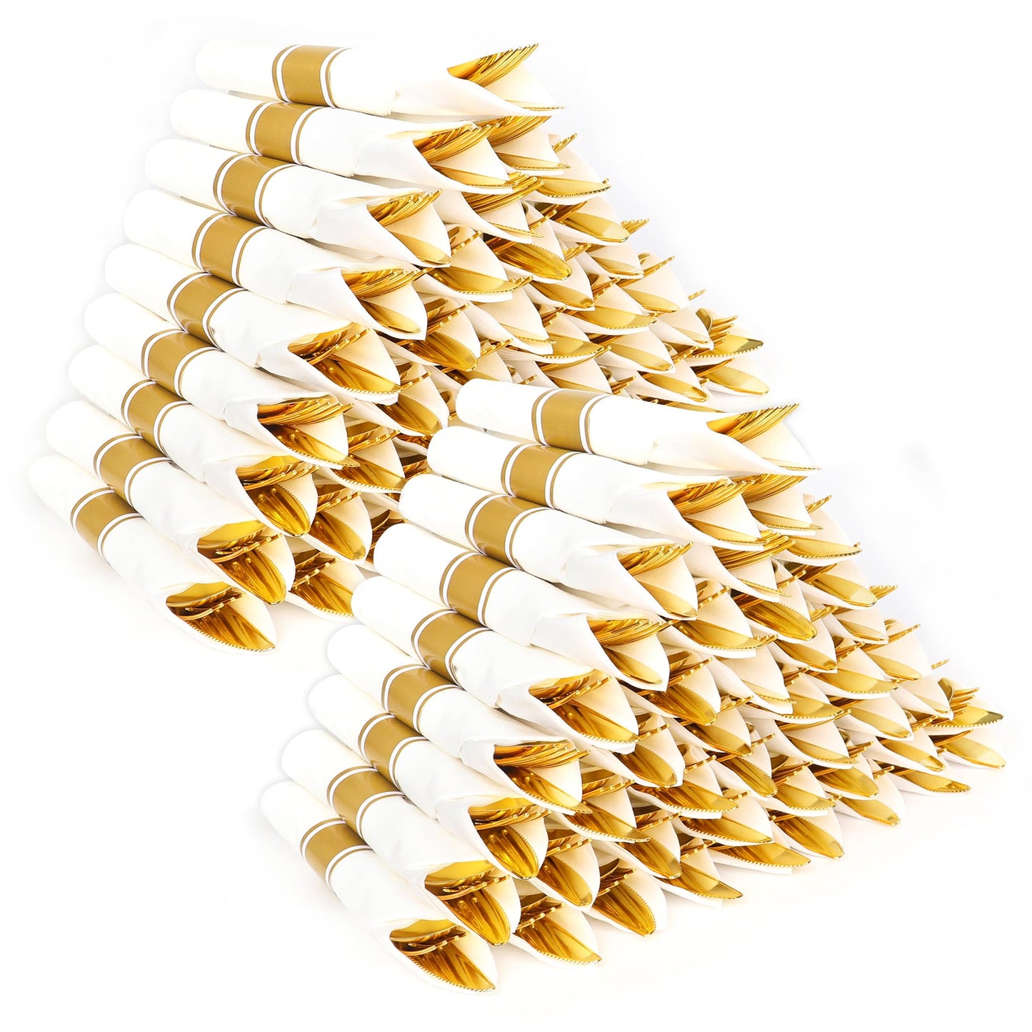 Dlebay 100 Pack Pre Rolled Gold Plastic Silverware Set,Wrapped Plastic Cutlery Set with Napkin Include 100 Forks,100 Spoons,100 Knives and 100 White Napkins for Party, Wedding,showers, Christmas