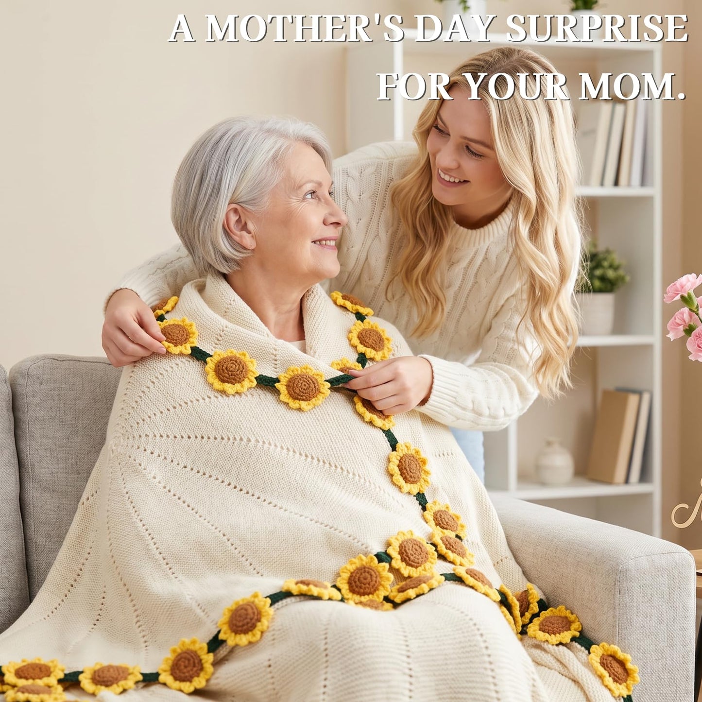 cagulax Birthday Gifts for Women Sunflower, Get Well Mothers Day Birthday Gifts for Best Friend, Mom, Sister, Grandma, Teacher, Cozy Throw & Decor Sunflower Crochet Flowers Bouquet Blanket 43 Inches