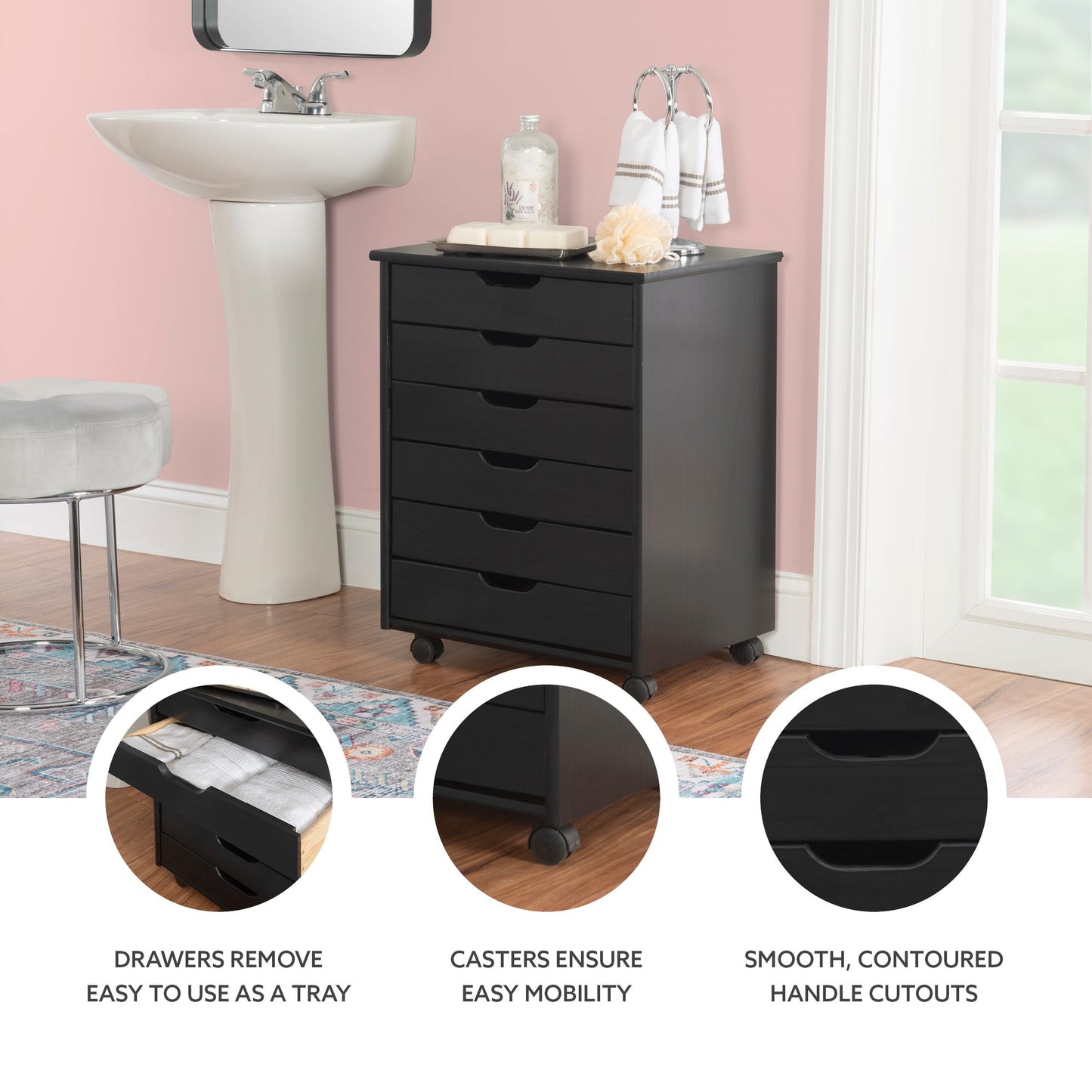 Linon Corinne Black Six Drawer Wide Rolling Storage Cart