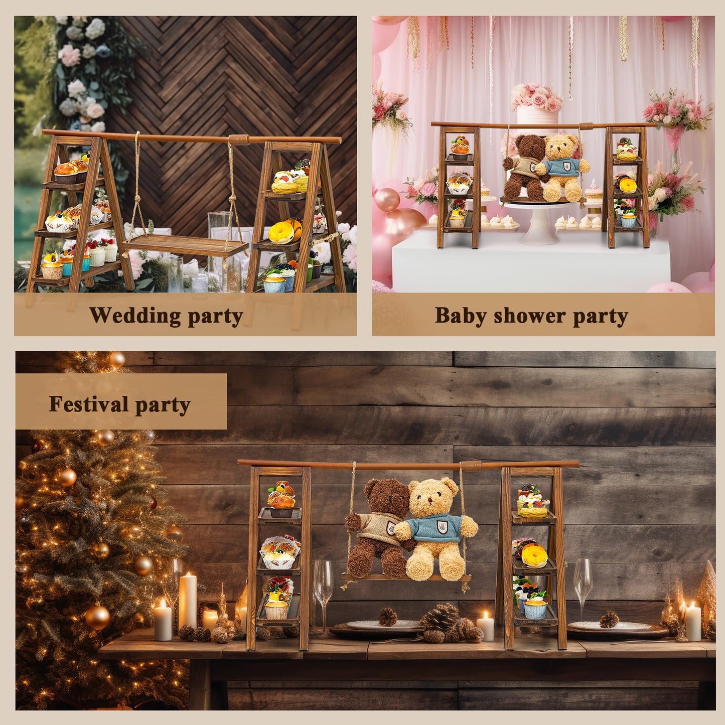 Beeveer Wooden Double 3 Tier Serving Tray Ladder Stand with Serving Platter Tray Party Food Display Set for Cake Snack Fruit Chips Bread Centerpieces(20 x 30 Inches,Dark Walnut)