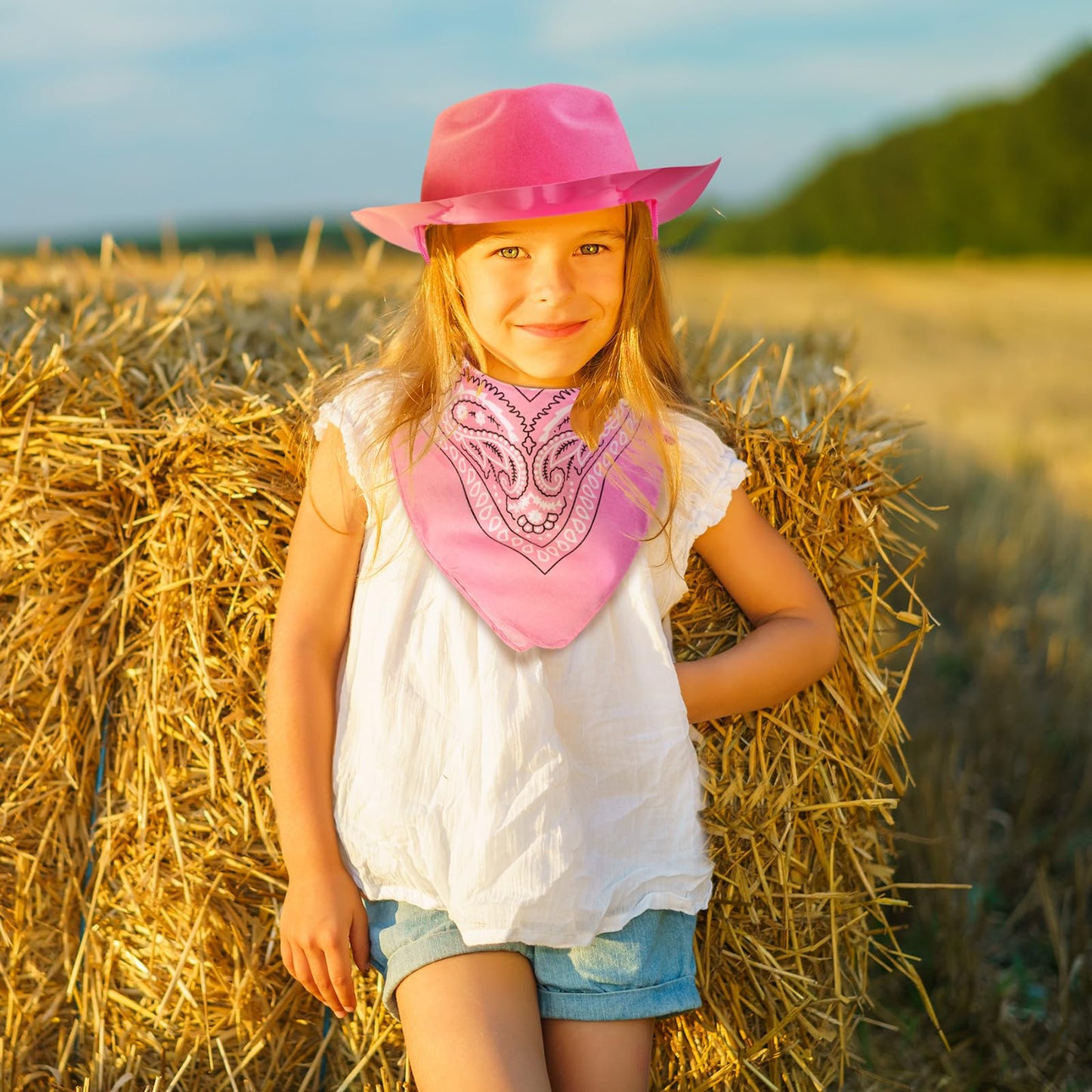 48 Pack Cowboy Hat and Bandana Set, Cowgirl Hats for Boys Girls Felt Cowboy Party Hat Cowboy Western Bandanas for Party(Pink, White)