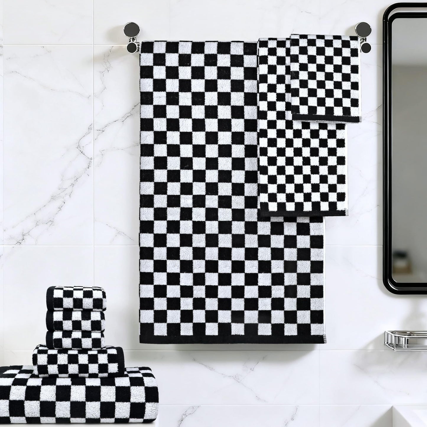 Jacquotha Black and White Towels Set of 8, Cute Checkered Towels for Bathroom Decor, 2 Bath, 2 Hand, 4 Washcloths, Cotton