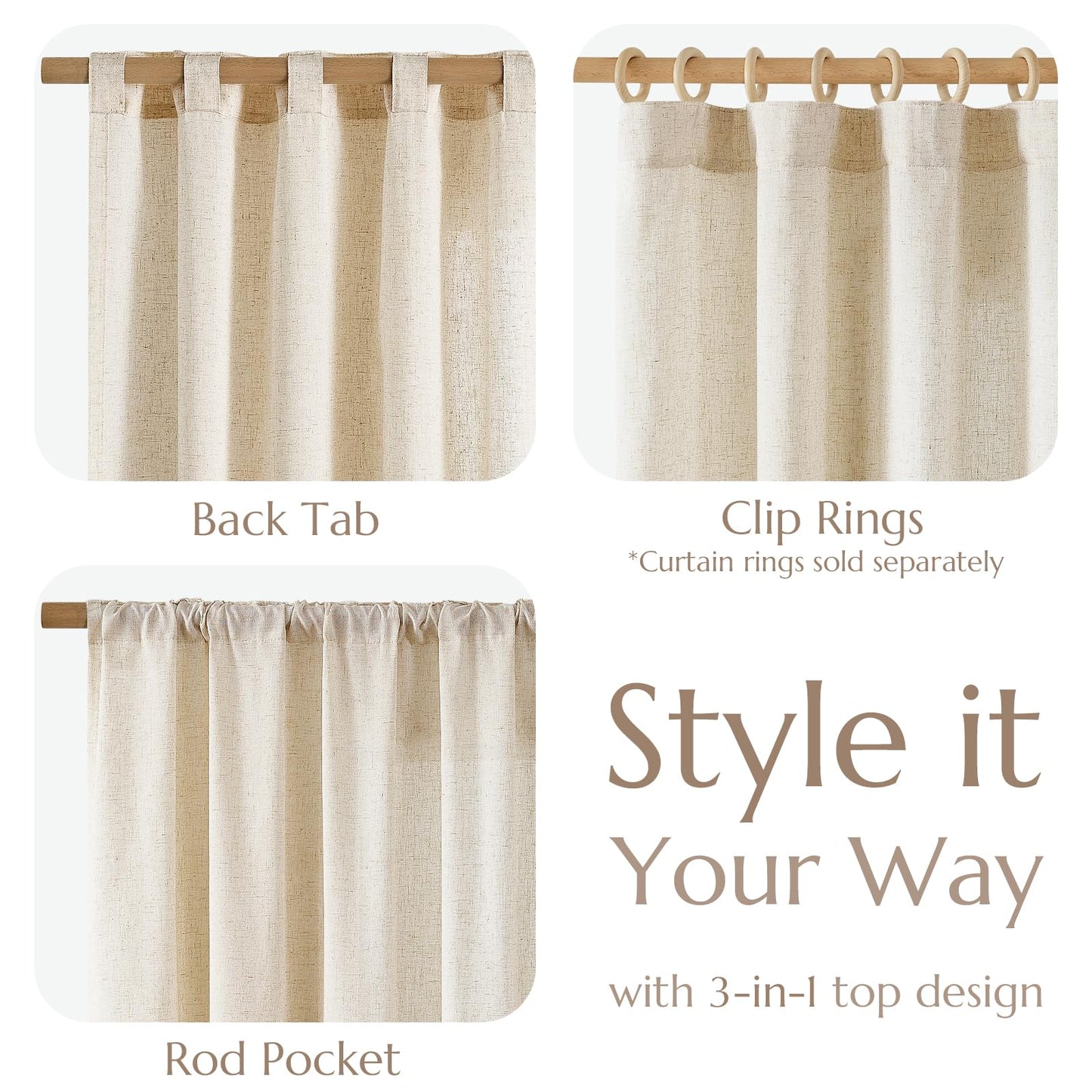 jinchan Linen Beige Curtains for Living Room Bedroom 108 Inches Length Farmhouse Light Filtering Drapes Rod Pocket 4 Panel Curtains Set Back Tab 9 feet Extra Long Crude