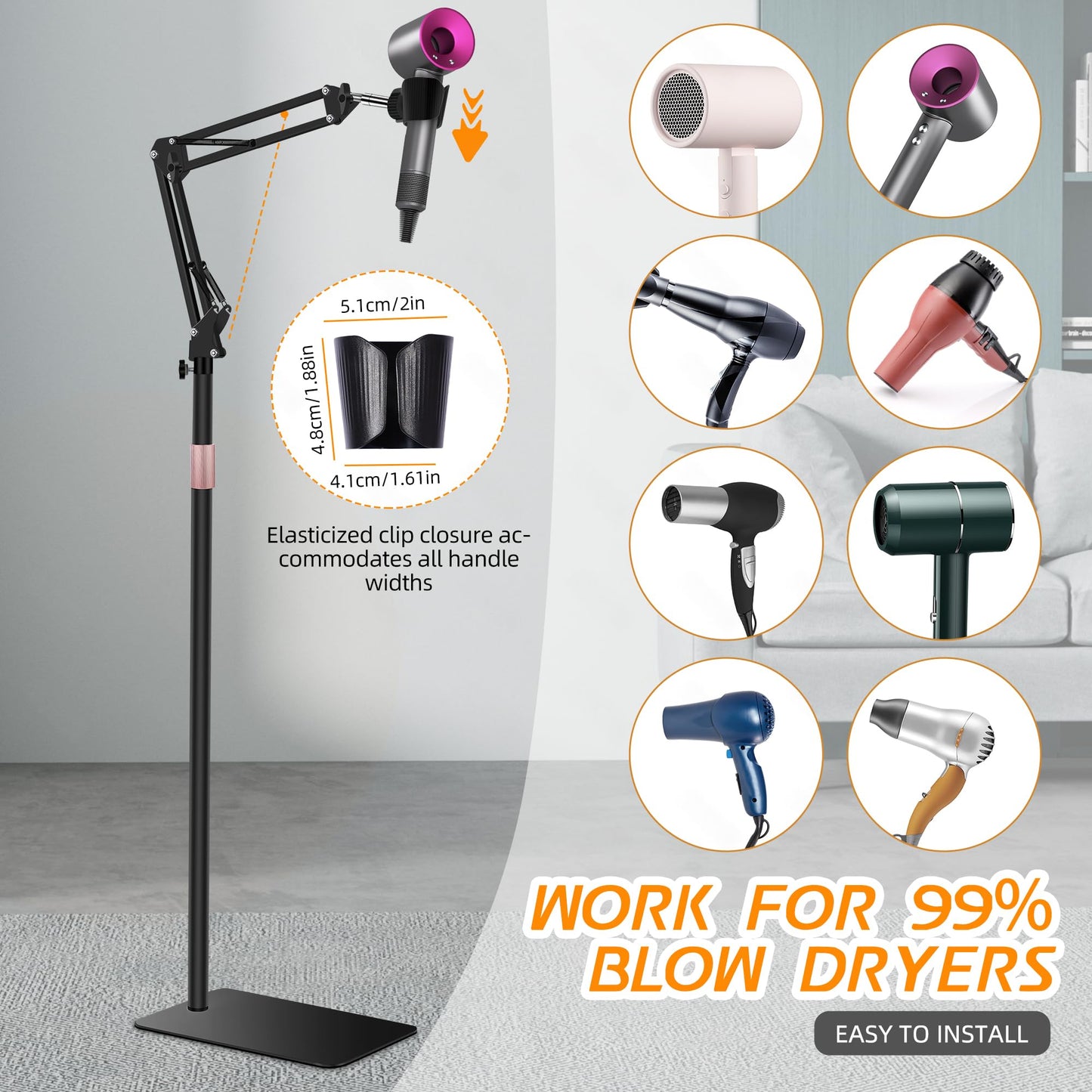 Vivnoon Hair Dryer Stand, 1.68M Height Adjustable, Hands Free Blow Dryer Holder with Heavy Base, 360 Degree Rotating, Work with 99% Dryers, Gift for Mom, Elder, Frozen Shoulder - Black
