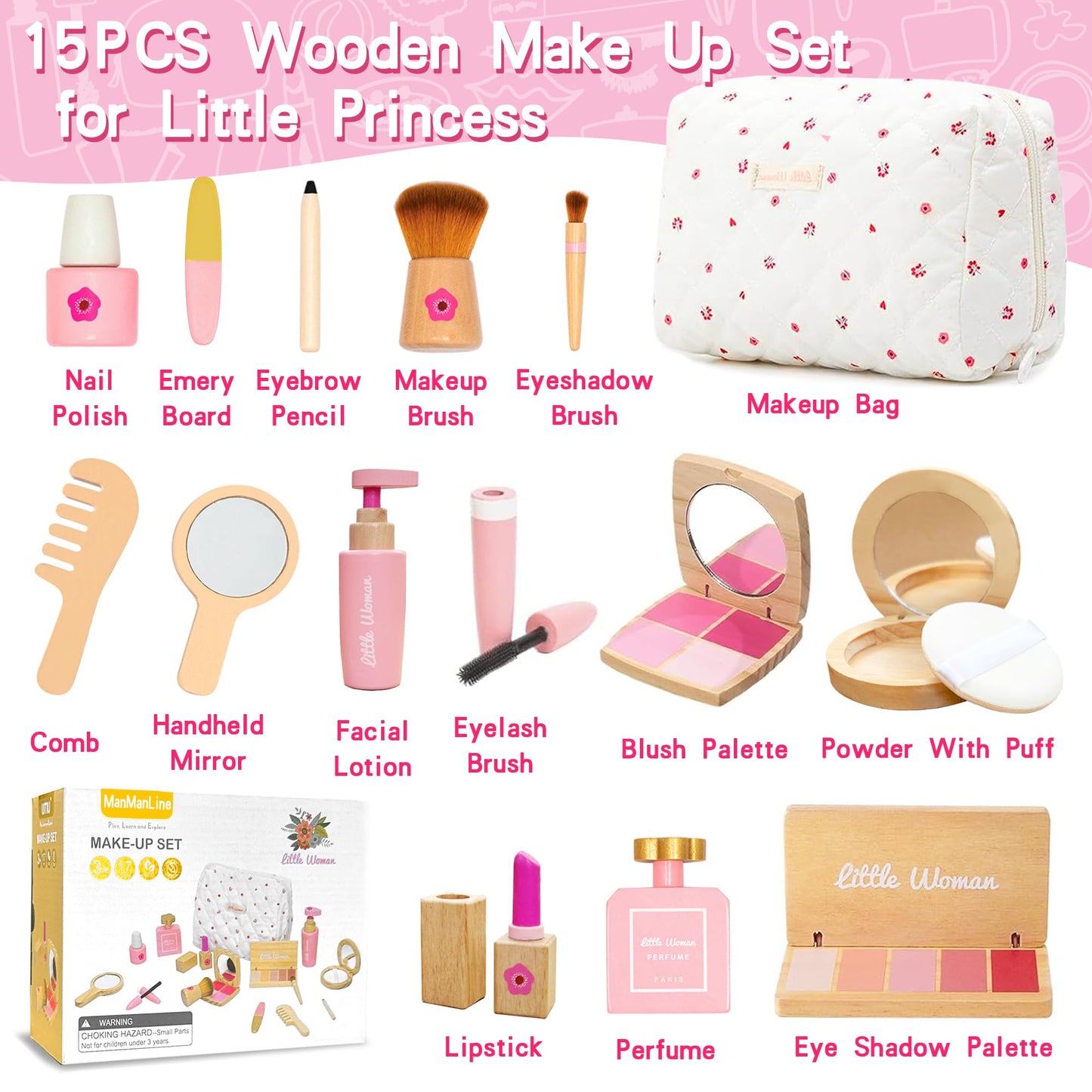 ManManLine Wooden Pretend Makeup Toy Set for Girls, Realistic Cosmetic Kit with Lipstick & Mirror, Pretend Play Gift for Toddlers & Kids Ages 3-8