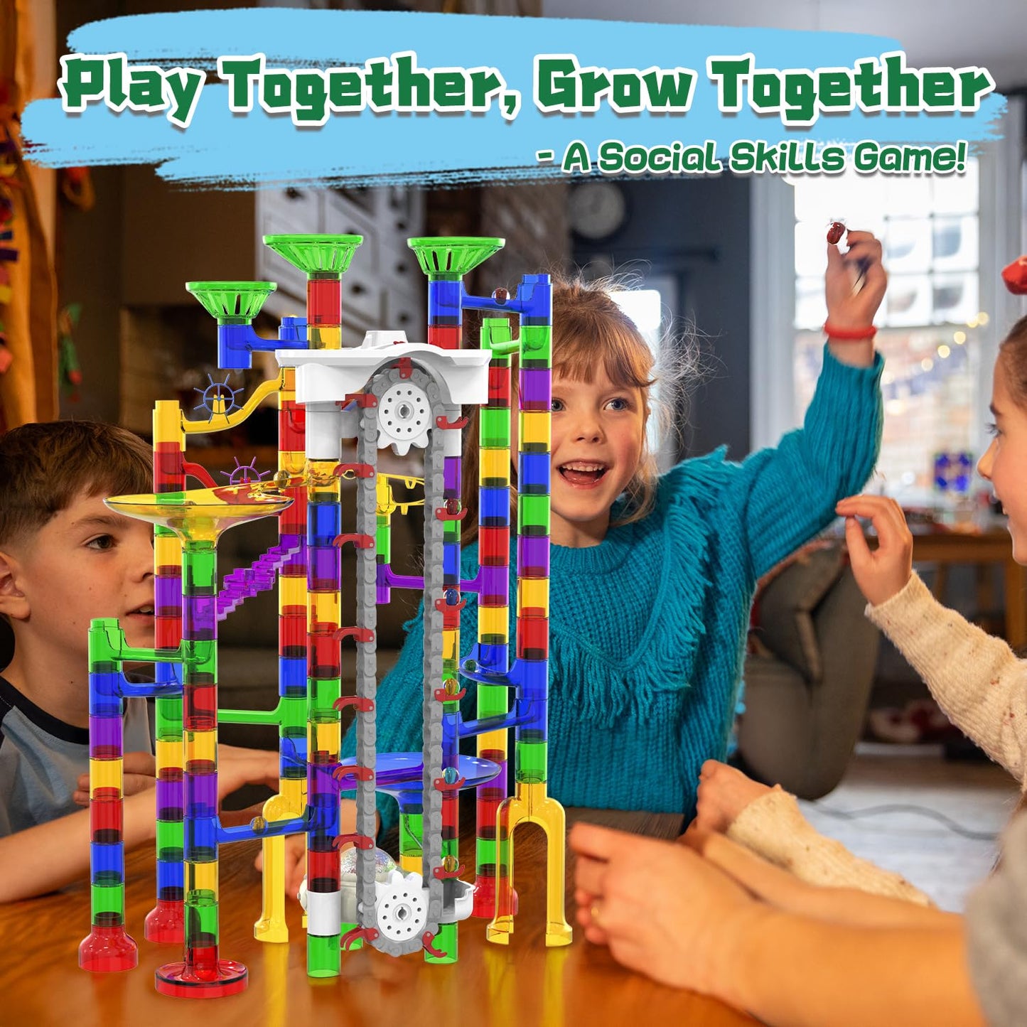 KERUVOTA Big Elevator Marble Run - Construction Building Blocks Toys 220Pcs Marble Race Track with Marbles, Easter STEM Gifts Mrble Runs for Kids 3-5 4-8 8-12 (A-Colorful)