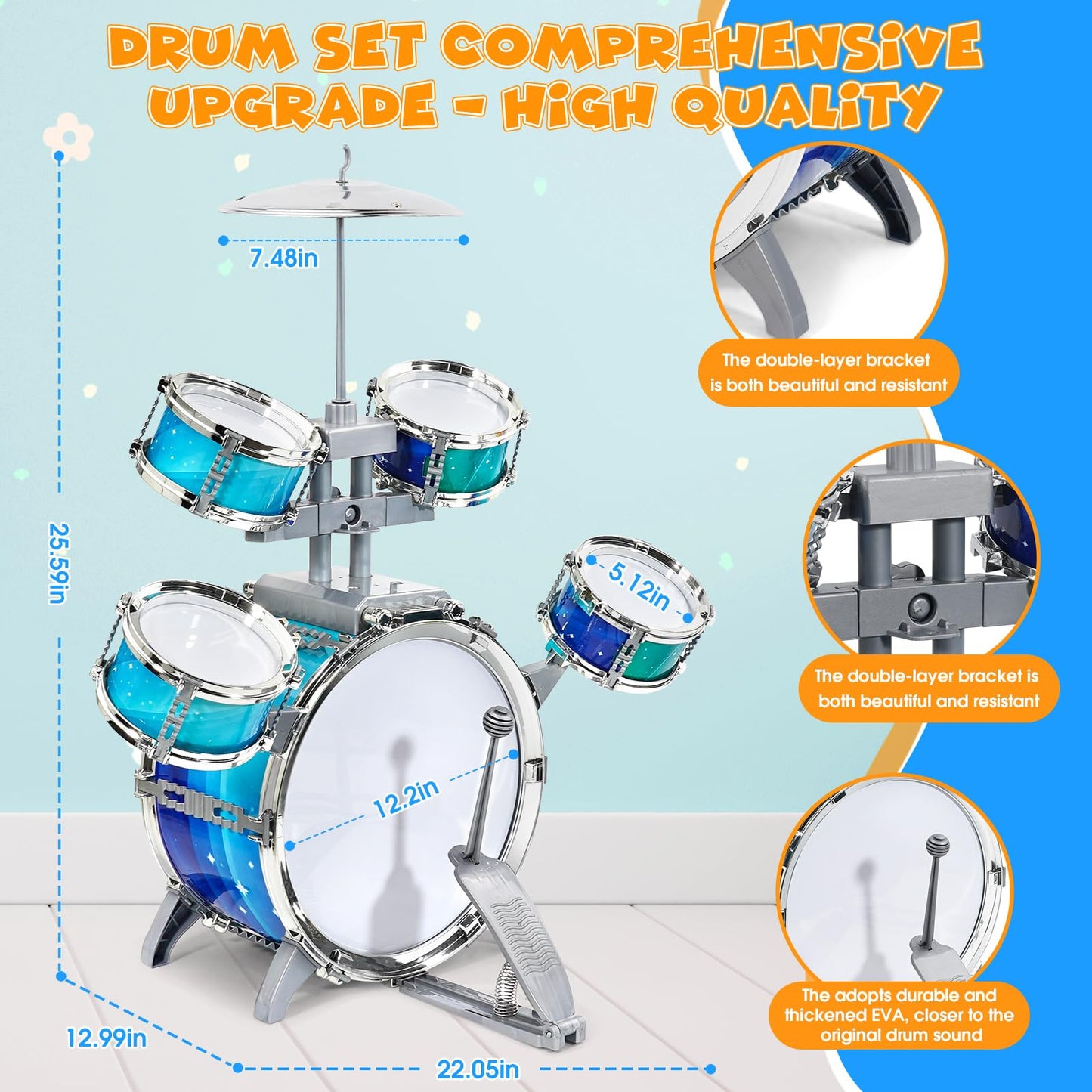LeeQee Drum Set for Kids 1-3, Jazz Drumset for Toddler 3-5 Vibrant Aurora Light with 5 Pcs High Drums, Musical Instruments Toy for Age 5-7 Year Old Boys Girls