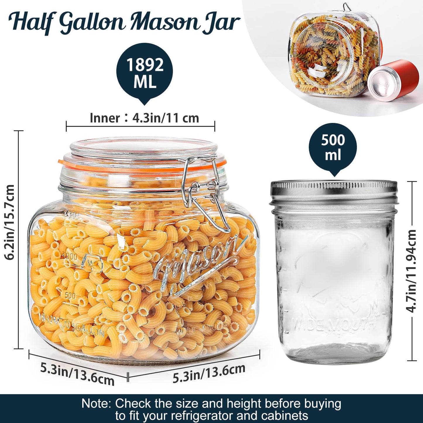 Dwbligt 2 Pack Half Gallon Mason Jar with Hinged Lid, Wide Mouth Glass Canisters for Food Storage, Cookie, Flour, Candy, Coffee, Pickle - 64 Oz Glass Jar with Lid - 2 Scale Marks & Vintage Mason Jars