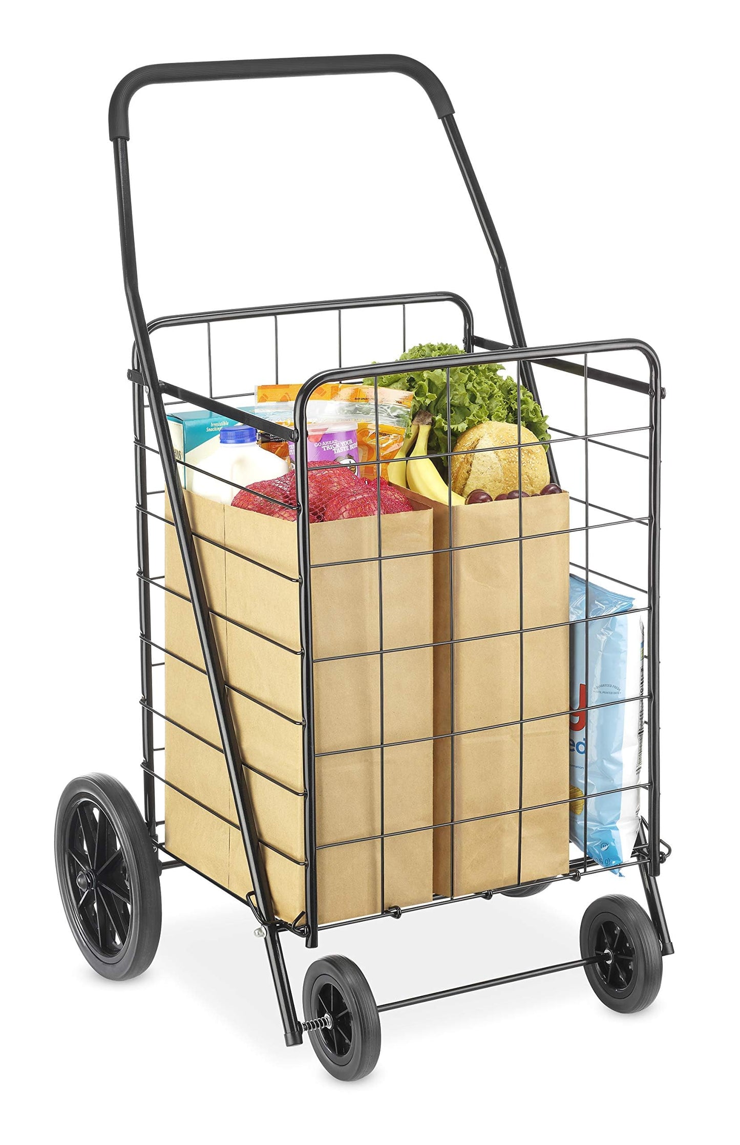 Whitmor Extra Large Utility Foldable Shopping Cart with Wheels, 100 Lb Capacity, Heavy Duty Grocery Cart with Steel Frame, Foam Handle, Rolling Collapsible Utility Trolley for Grocery, Laundry, Black