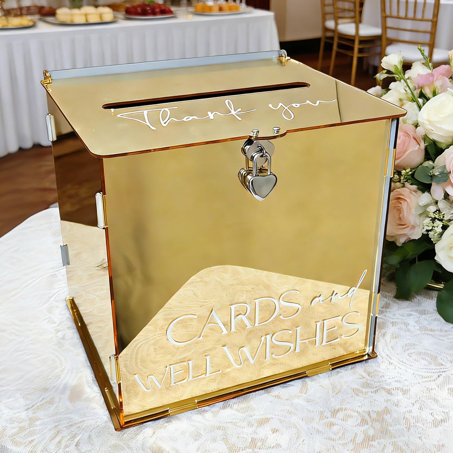 SOFARKKT Acrylic Gold Card Box with Lock & Slot, Metallic Golden Classy Wedding Card Boxes for Reception, Luxury Money Gift Cards Box for Party Engagement Bridal Shower Luxury Wedding Table Decor