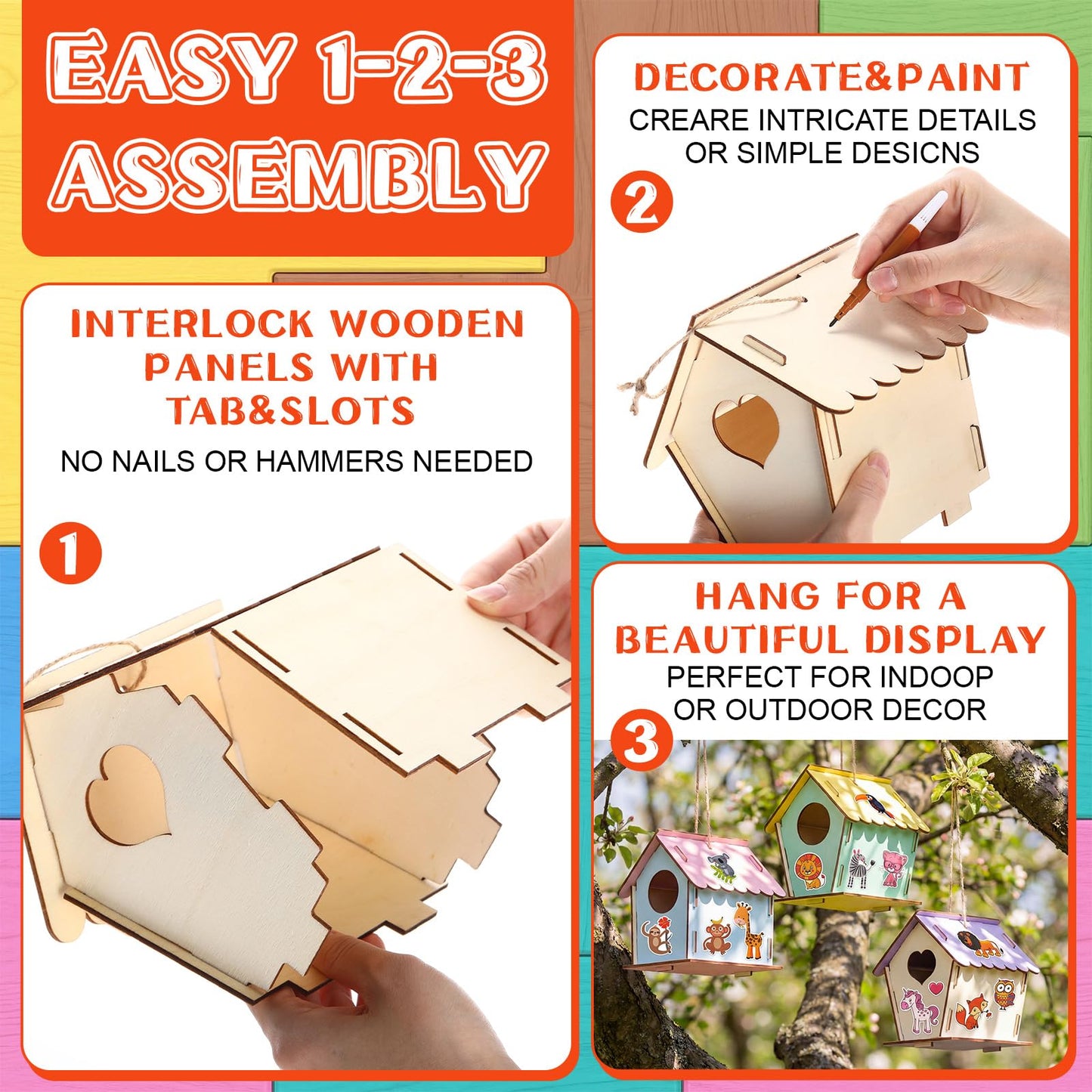 Tuanse 107 Pcs Wooden Birdhouse DIY Kits Includes 21 Unfinished Wood Mini Bird House 24 Watercolor Pen 50 Bird Butterfly Flower Slices 12 Animal Stickers for Adults DIY Craft Making Supplies (Classic)