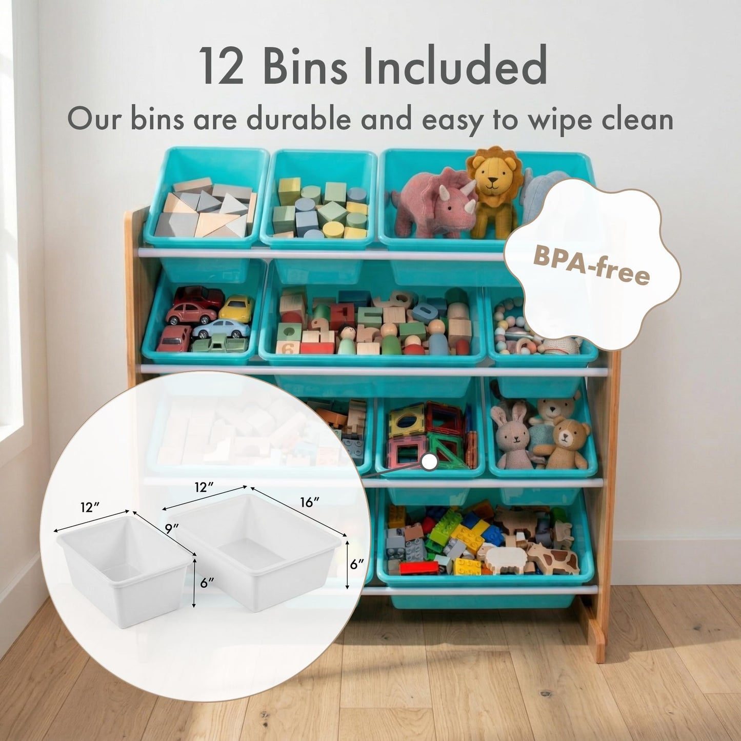Humble Crew Toy Storage Organizer with 12 Removable Storage Bins for Kids Playroom, 4-Tier Toddler Toy Organization, Natural Wood/Aqua