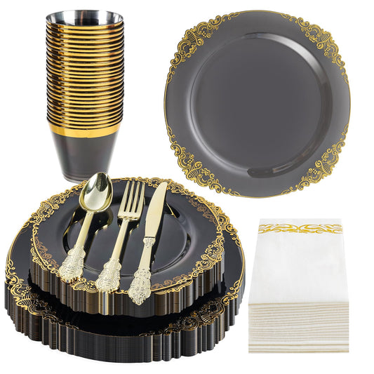 175 PCS Clear Black and Gold Plastic Dinnerware Set for 25 Guests, Disposable Fancy Dinner Plates with Gold Rim for Wedding Party, 25 Dinner and Dessert Plates, 75 Silverware, 25 Cups, 25 Napkins
