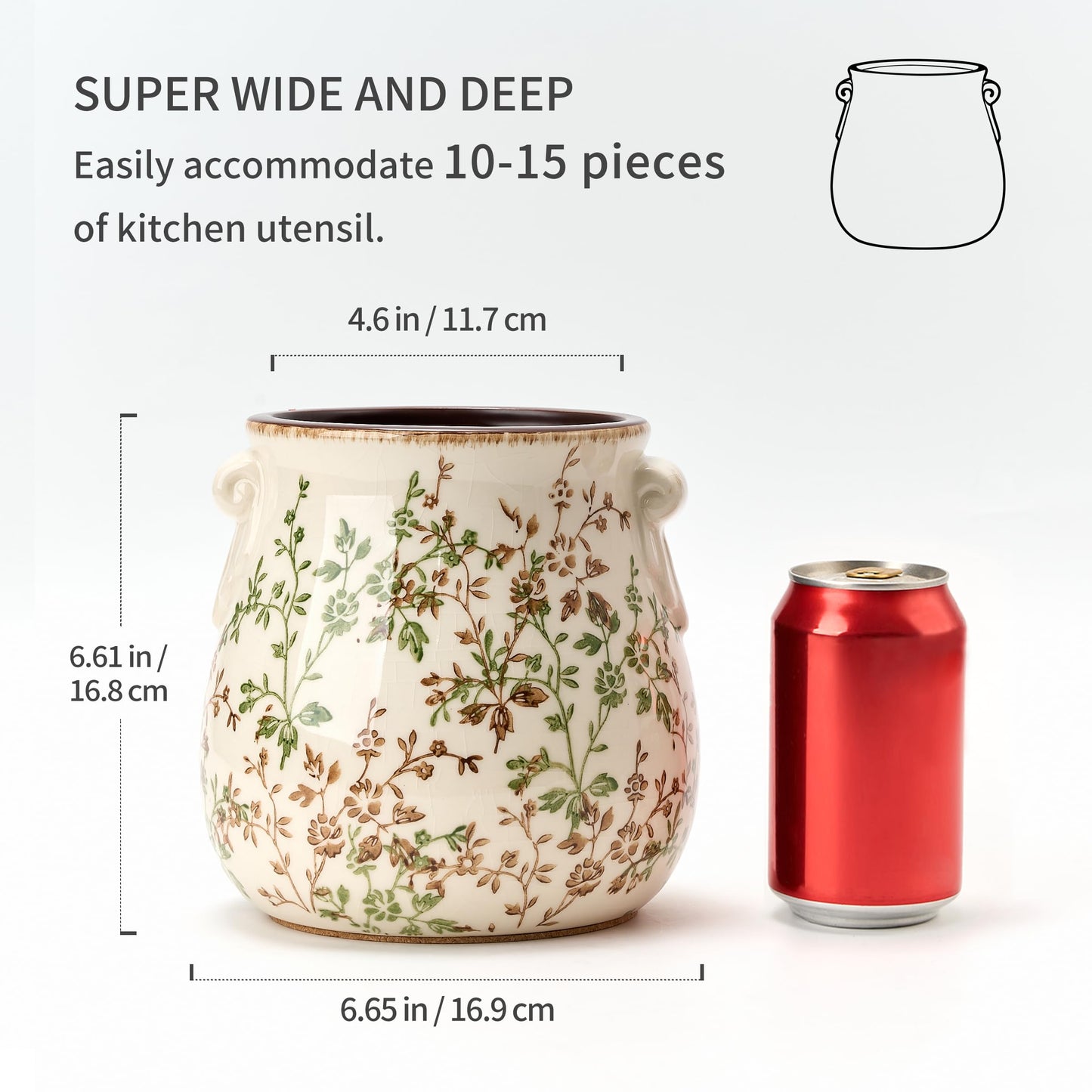 Jemirry Utensil Holder for Kitchen Counter, Modern Farmhouse Rustic Cooking Utensil Holder and Crock, Exquisite Chinoiserie Floral Ceramic Utensil Organizer for Home Kitchen Decor- Green and Beige