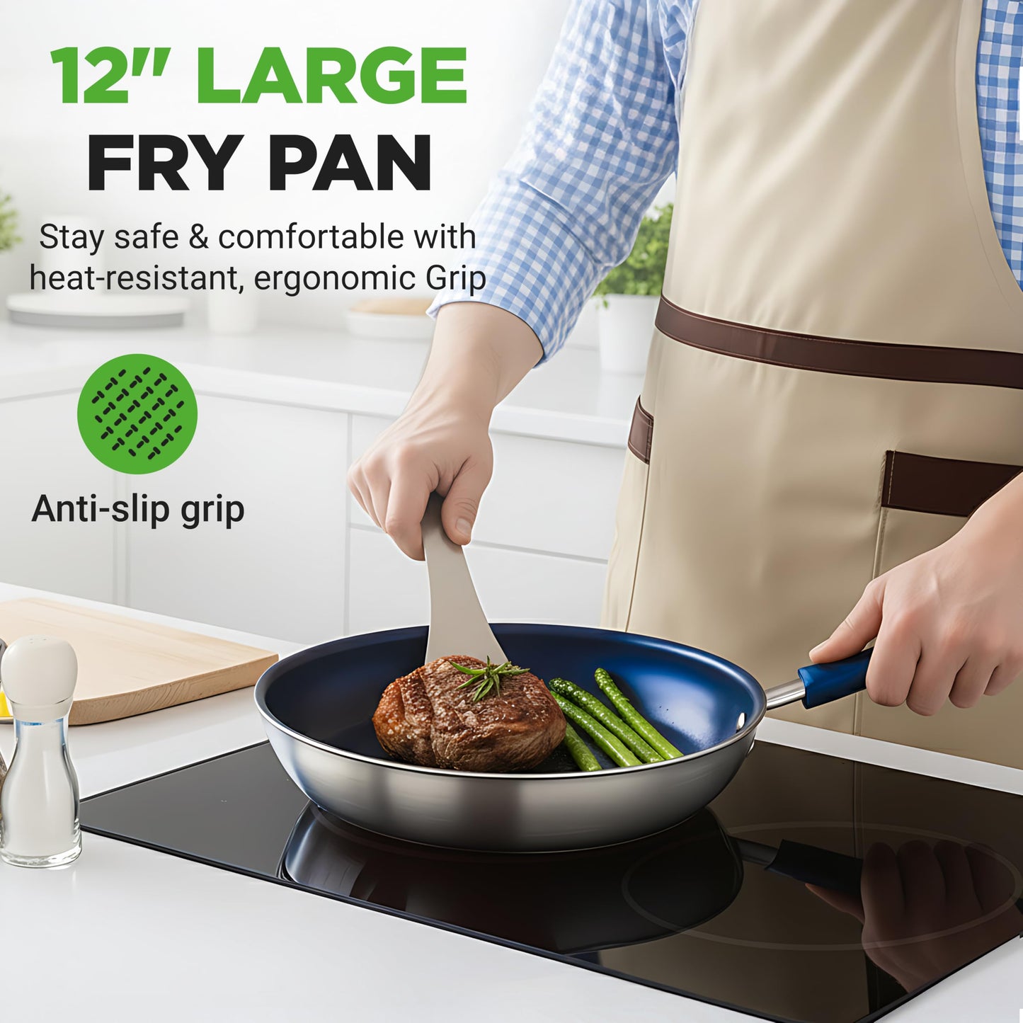 NutriChef 12" Fry Pan With Lid - Large Skillet Nonstick Frying Pan with Silicone Handle, Ceramic Coating, Blue Silicone Handle, Stain-Resistant, Easy To Clean, Professional Home Cookware