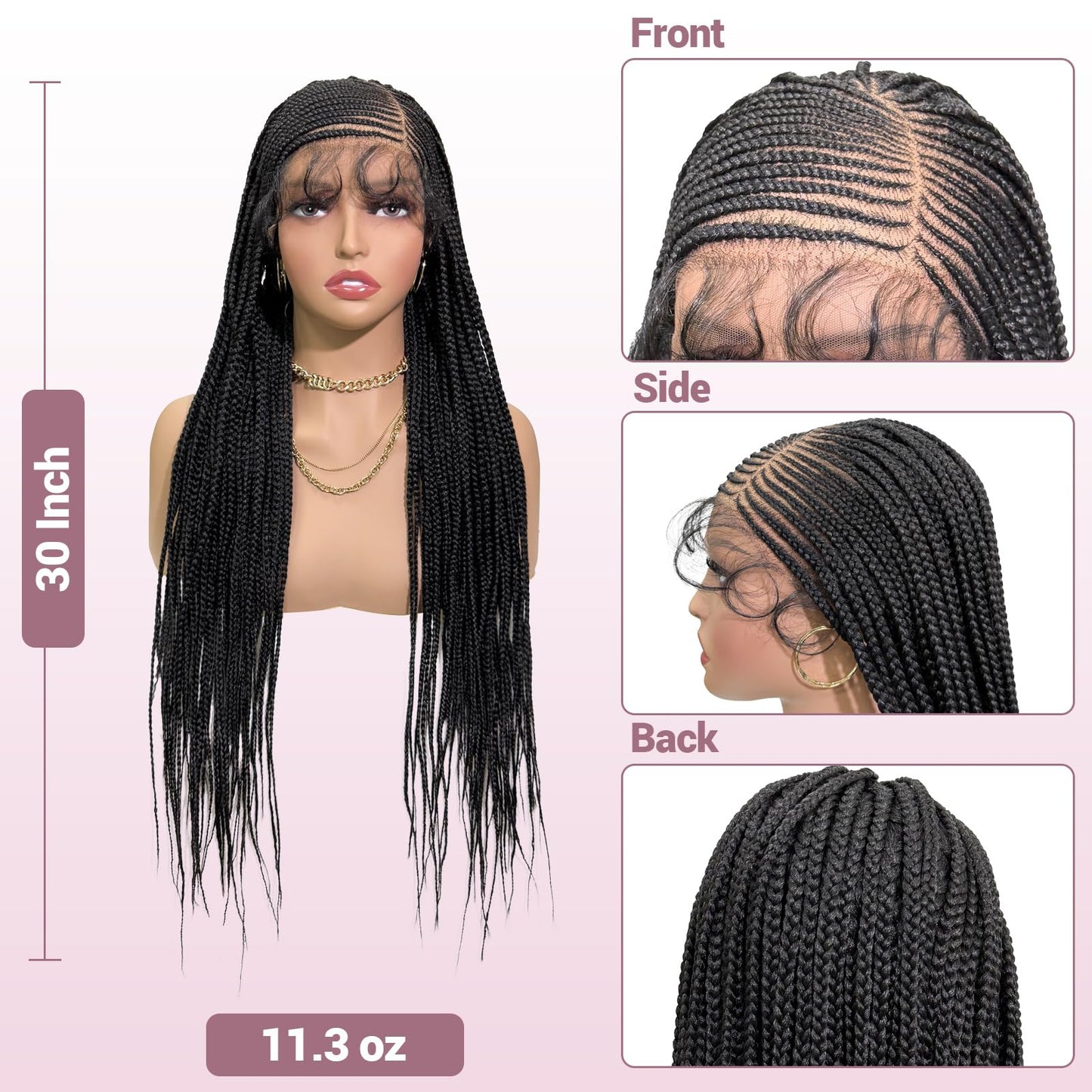 Janyuwool 13x8 HD Lace Front Braided Wigs Lace Frontal Box Braided Wigs for Black Women Human Hair Blended Side Parted Black Cornrow Lace Braid Wig with Baby Hair (30inch)