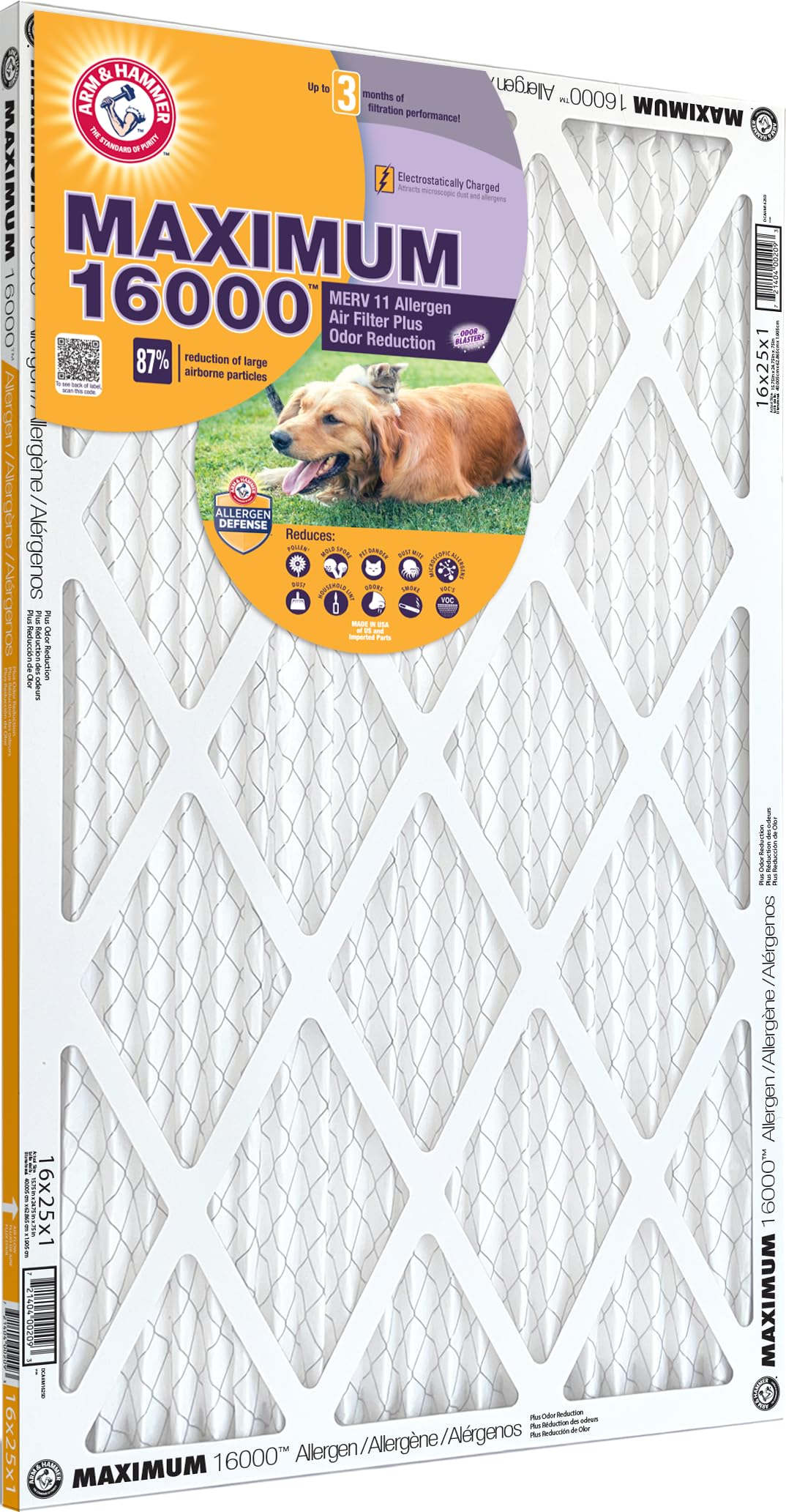 Arm & Hammer Max Allergen & Odor Reduction 18x18x1 Air and Furnace Filter, MERV 11, 4-Pack