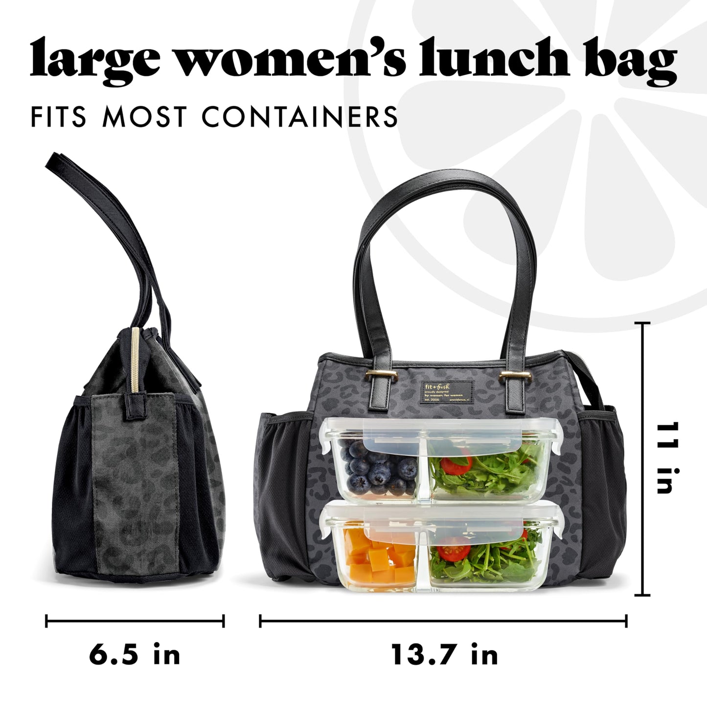 Fit & Fresh Lunch Bag For Women, Insulated Womens Lunch Bag For Work, Stain-Resistant, Lightweight, Large Lunch Box For Women With Container, Zipper, Copley Black Feline Fine