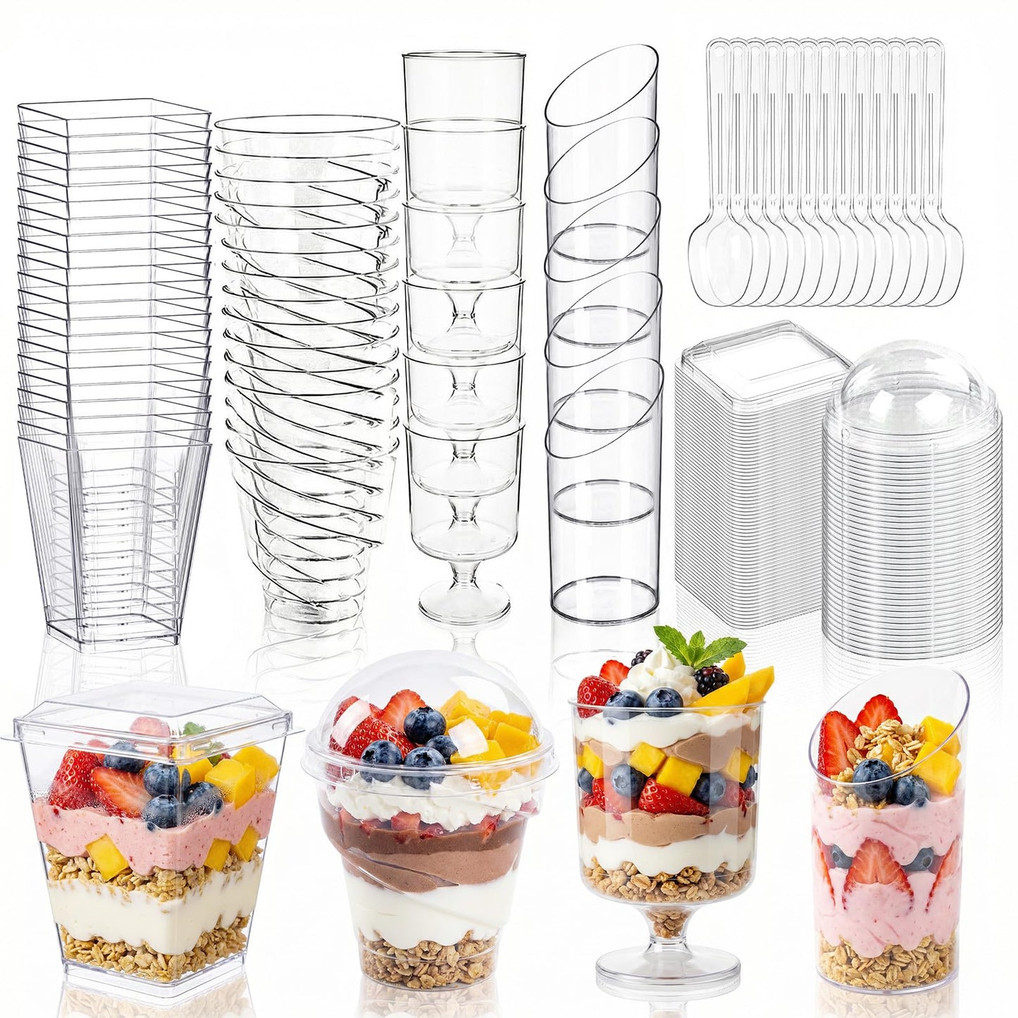 WELLIFE 380 Pack Disposable Dessert Cups with Lids and Spoons 5 oz Mini Plastic Parfait Cups Assortment for DIY Mousse, Pudding, Tiramisu, Home Baking, Birthday Parties & Baby Showers