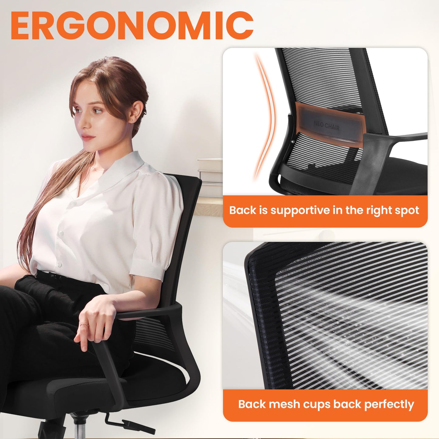 NEO CHAIR Office Desk Chair Gaming Computer Chair Ergonomic Mesh Mid Back with Rolling Wheels Lumbar Support Comfy Swivel Adjustable for Home (Black)
