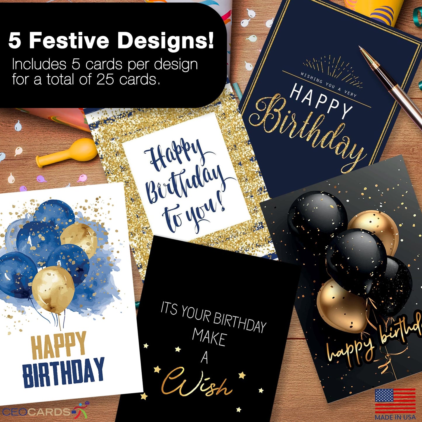Happy Birthday Cards with Envelopes (25 Assortment Pack – 5 Designs) Bulk Birthday Card Set for Family & Business (5x7 inch – A7) Office, Work, Coworkers, Employees, Clients (VP2411) Made in USA