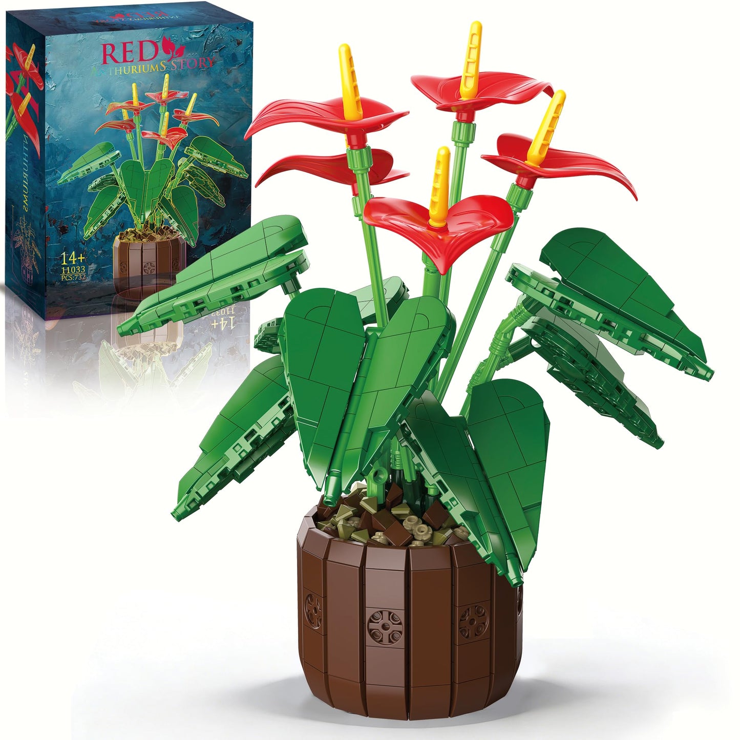 Red Anthurium Flowers Building Set with Vase for Adults, Compatible with Lego Botanicals Collection, Cute Potted Plants Desk Office Décor, Creative Flores Gift for Women Girls Teens 14+, 732 PCS
