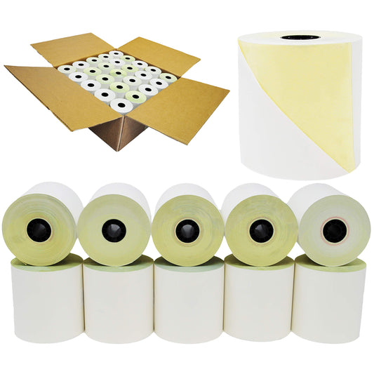 BuyRegisterRolls 2 Ply Carbonless Rolls 3 X 100 Feet Carbonless White/Canary (50 Rolls - 1 Case) Kitchen Printer Paper Rolls With Honey Comb Core