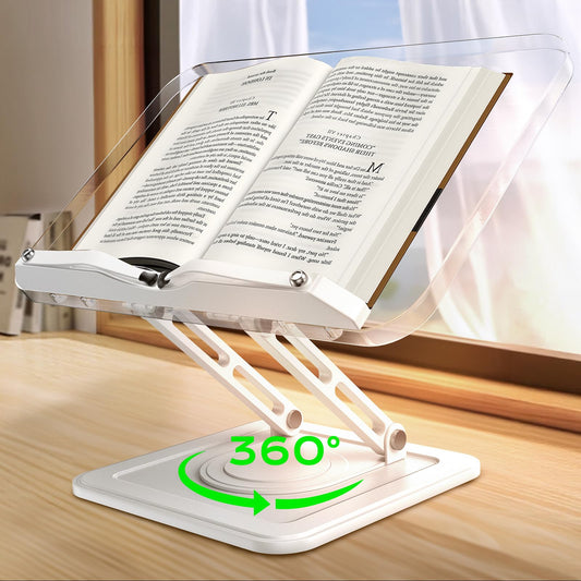 Book Stand for Reading, Adjustable Book Holder with 360°Rotating Bases, Ergonomic Cookbook Stand Recipe Book Holder with Elastic Page Clips for Magazines, Tablets, Laptops,Acrylic White