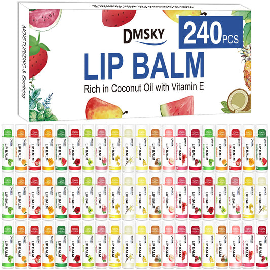 DMSKY 240 Pack Lip Balm, Natural Lip Balm Bulk with Vitamin E and Coconut Oil, Moisturizing Lip Balm for Chapped Lips, Bulk Lip Balm for Women-15 Flavors