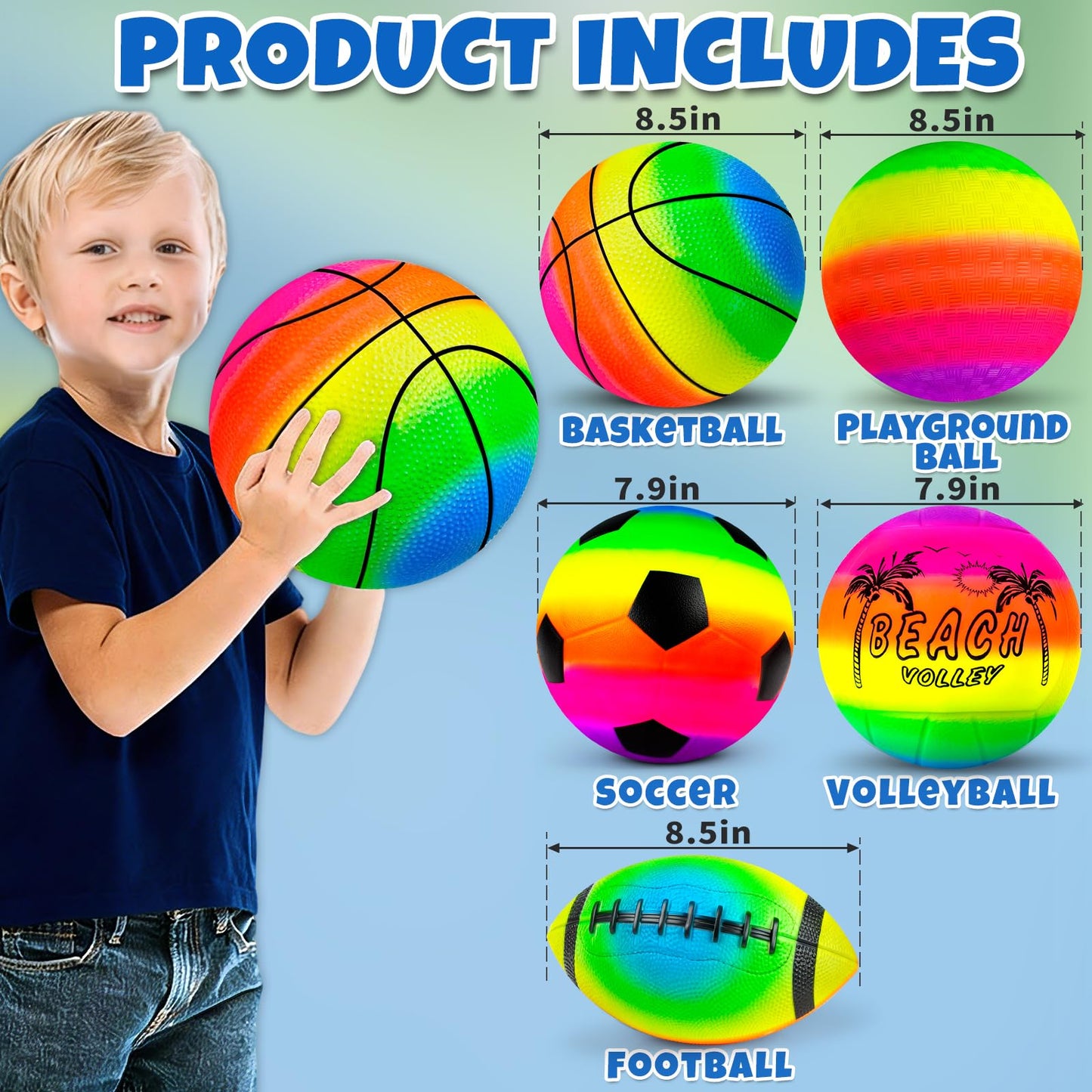 Hymaz 5 Pack Kids Sports Balls Rainbow Playground Balls with Pump for Football, Soccer, Basketball, Volleyball, Dodgeball, Indoor, Outdoor, Beach, Playground, Backyard, Pool, Class Game