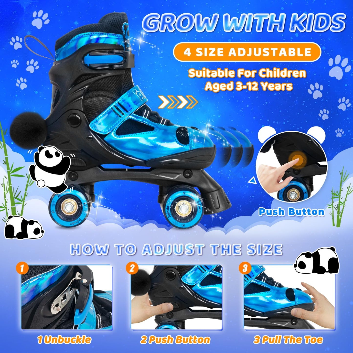 Nattork Kids Roller Skates for Girls Boys, 4 Size Adjustable Blue Panda Quad Skates with All Light up Wheels, Beginner Roller Skates - Birthday Gift for Outdoor Indoor