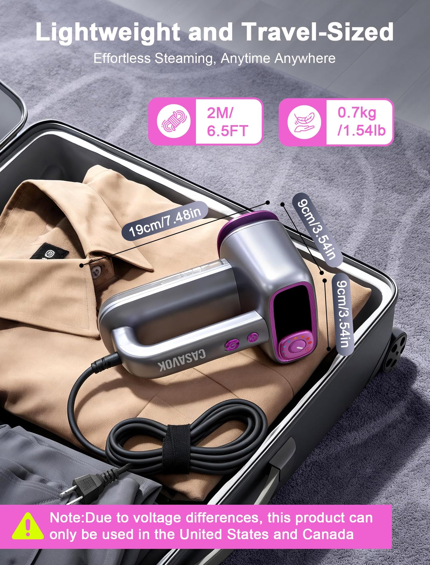 Garement Steamer for Clothes,Travel Steamer for Clothes,2 in 1 steamer and iron,160ml Large Water Tank Portable Steamer for Clothes,6 Steam Mode&Dual-Layer Heated Steam Plate,120V for Home(Purple)
