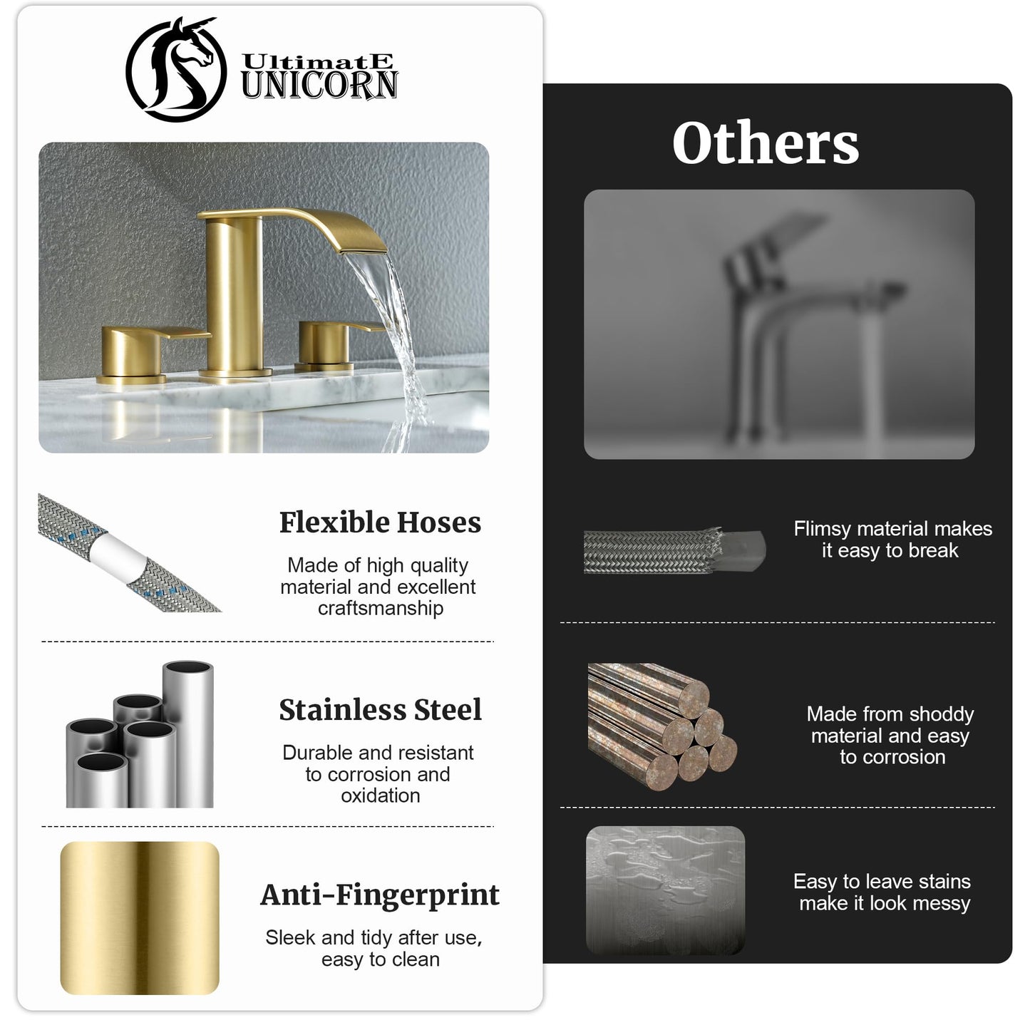 Ultimate Unicorn 8 inch Bathroom Faucet Brushed Gold, Waterfall Bathroom Sink Faucet with Metal Pop-up Sink Drain Stopper and 2 Supply Hoses,2 Handle Widespread Faucet for Vanity Sink 3 Holes